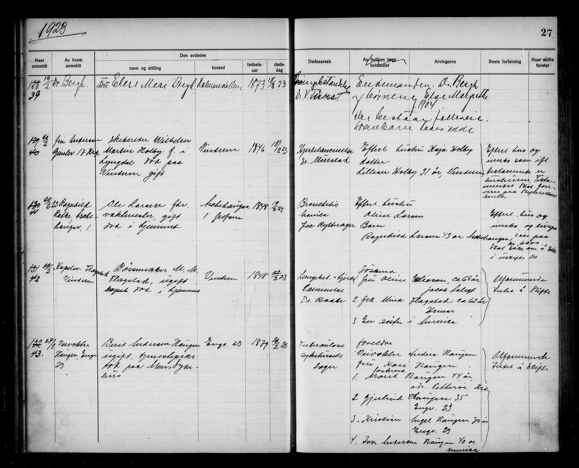 Aker kriminaldommer, skifte- og auksjonsforvalterembete, AV/SAO-A-10452/H/Hb/Hba/Hbab/L0001: Dødsfallsprotokoll for Vestre Aker, 1922-1925, p. 27