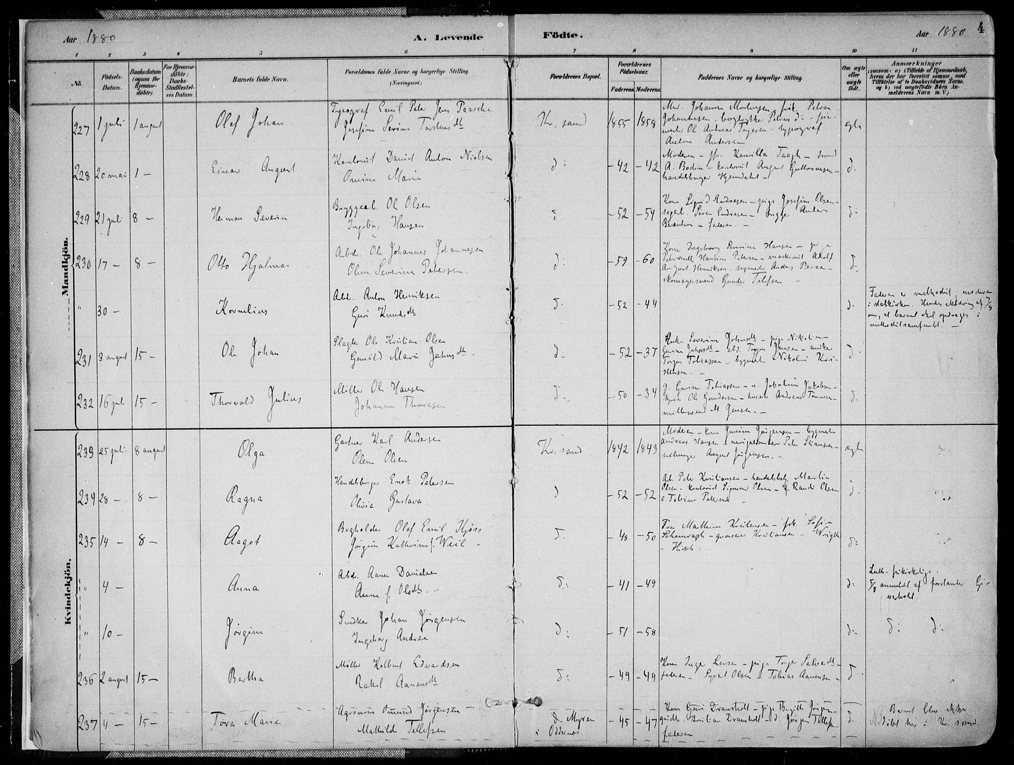 Kristiansand domprosti, AV/SAK-1112-0006/F/Fa/L0016: Parish register (official) no. A 16A, 1880-1890, p. 4