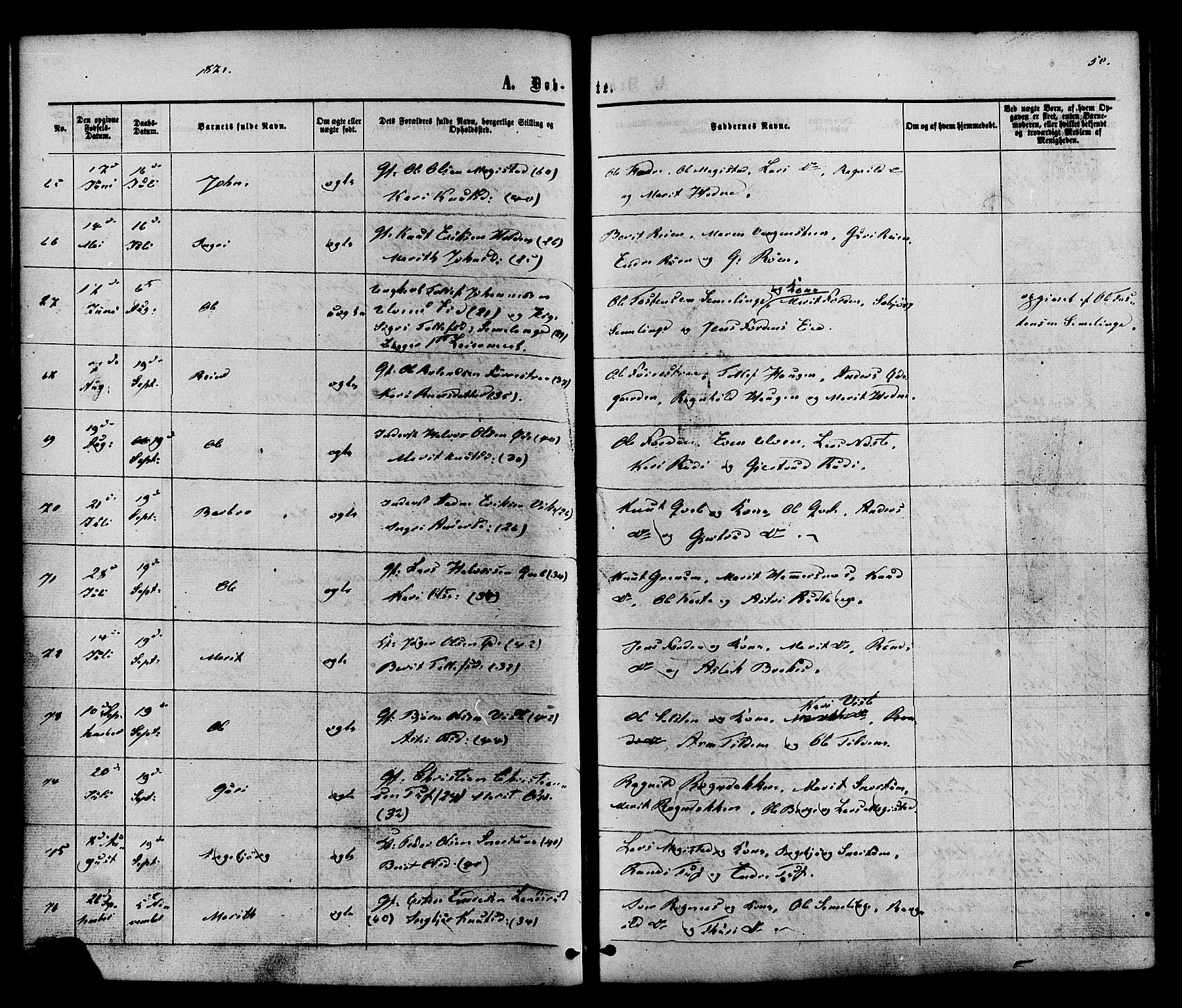 Vestre Slidre prestekontor, SAH/PREST-136/H/Ha/Haa/L0003: Parish register (official) no. 3, 1865-1880, p. 50