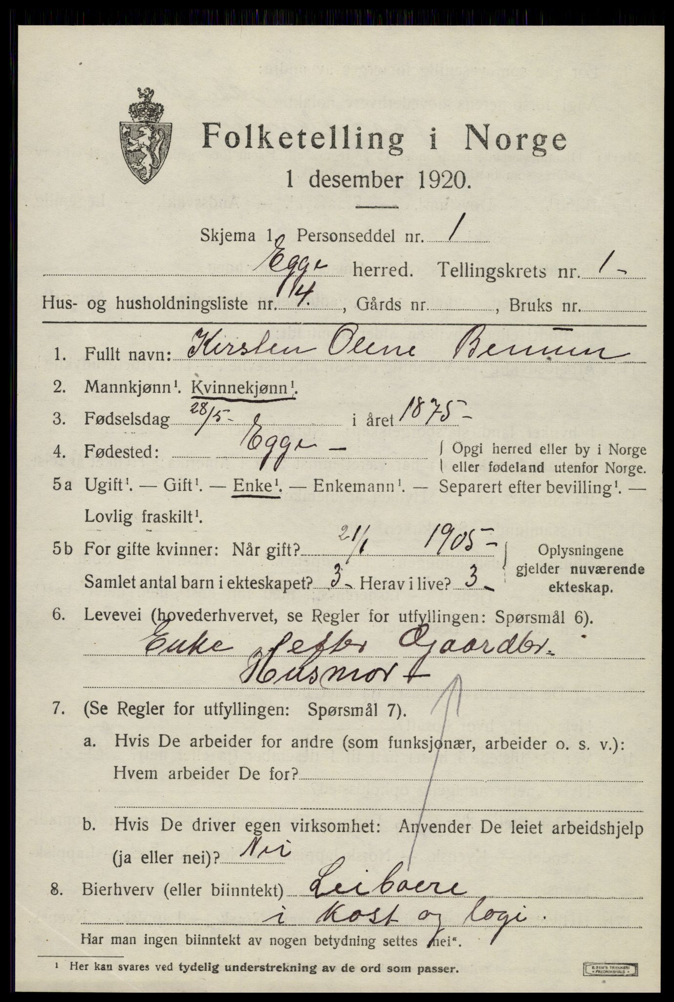 SAT, 1920 census for Egge, 1920, p. 592