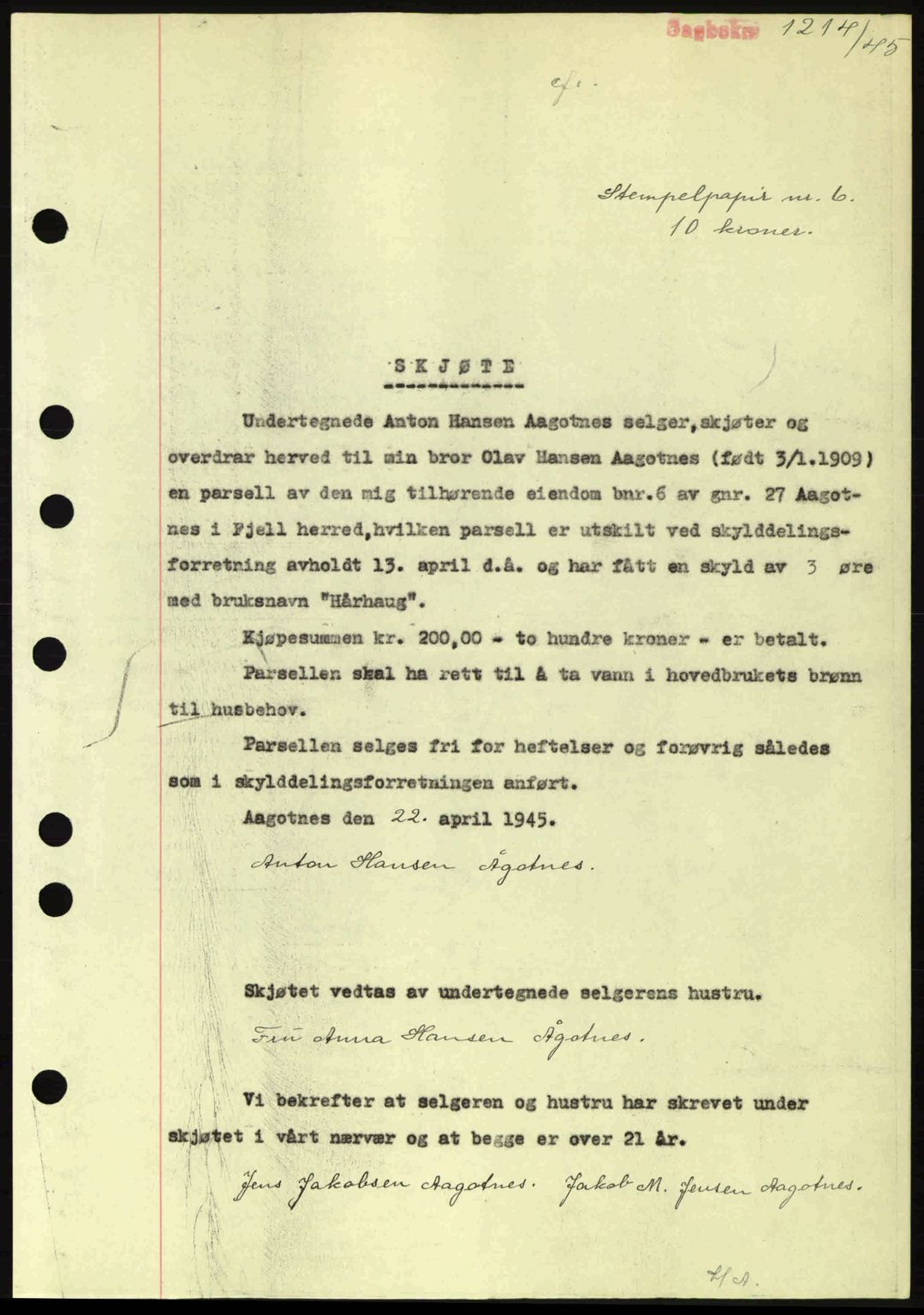Midhordland sorenskriveri, AV/SAB-A-3001/1/G/Gb/Gbh/L0019: Mortgage book no. A38-39, 1945-1945, Diary no: : 1214/1945