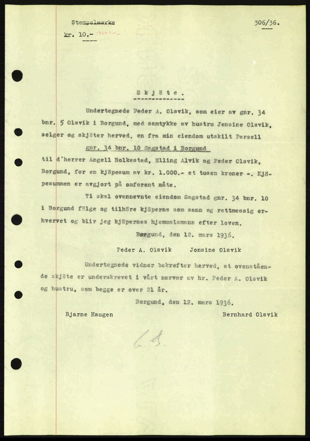 Nordre Sunnmøre sorenskriveri, AV/SAT-A-0006/1/2/2C/2Ca: Mortgage book no. A1, 1936-1936, Diary no: : 306/1936