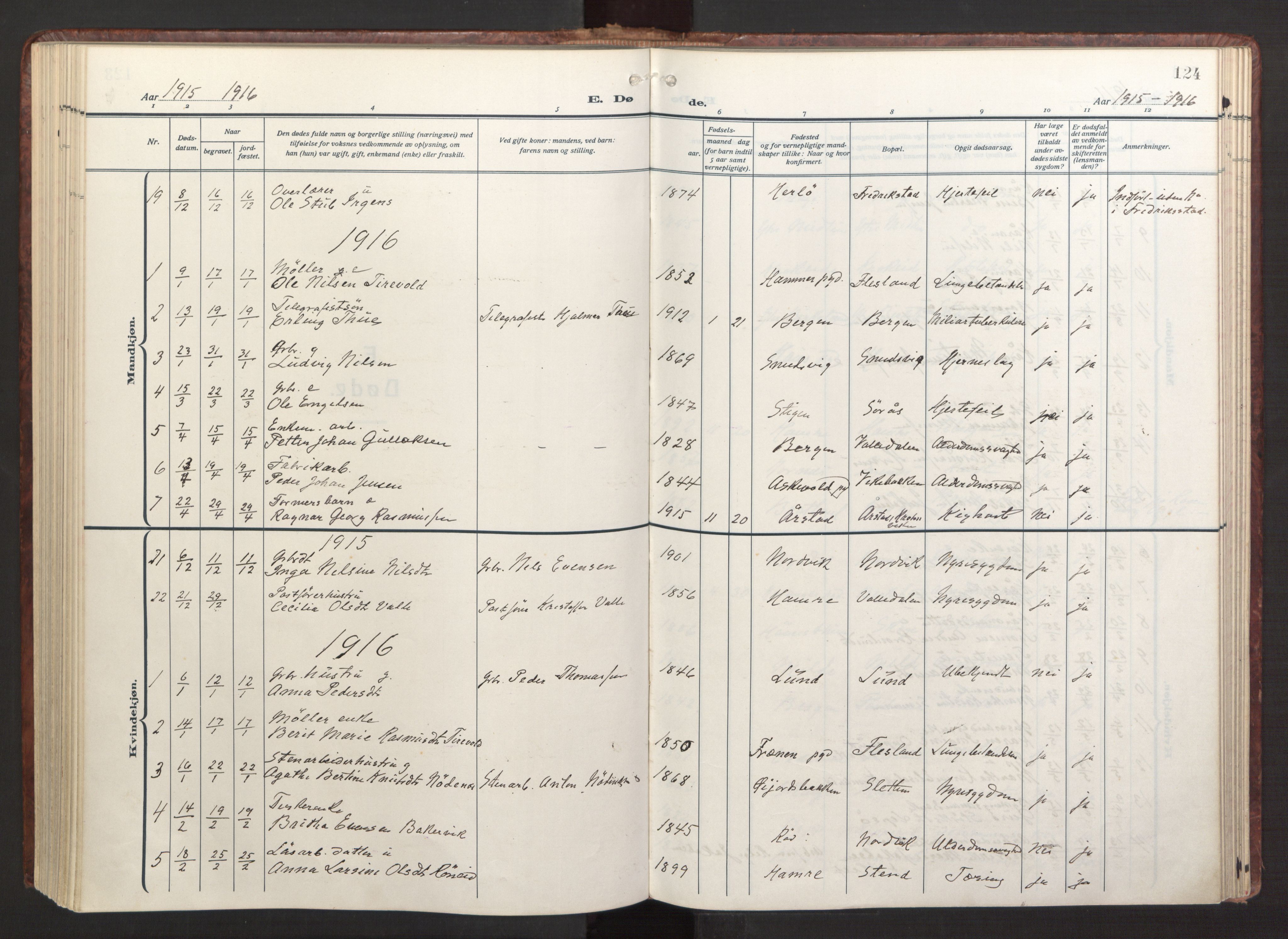Fana Sokneprestembete, AV/SAB-A-75101/H/Haa/Haab/L0005: Parish register (official) no. B 5, 1915-1923, p. 124