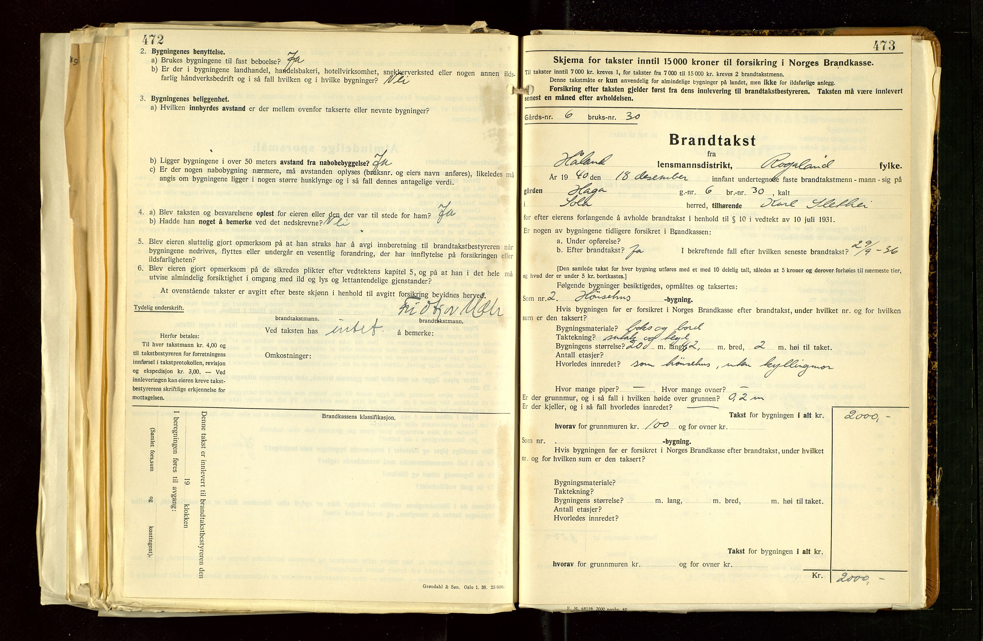 Håland lensmannskontor, AV/SAST-A-100100/Gob/L0012: "Brandtakstprotokoll" - skjematakst. Register i boken., 1938-1941, p. 472-473