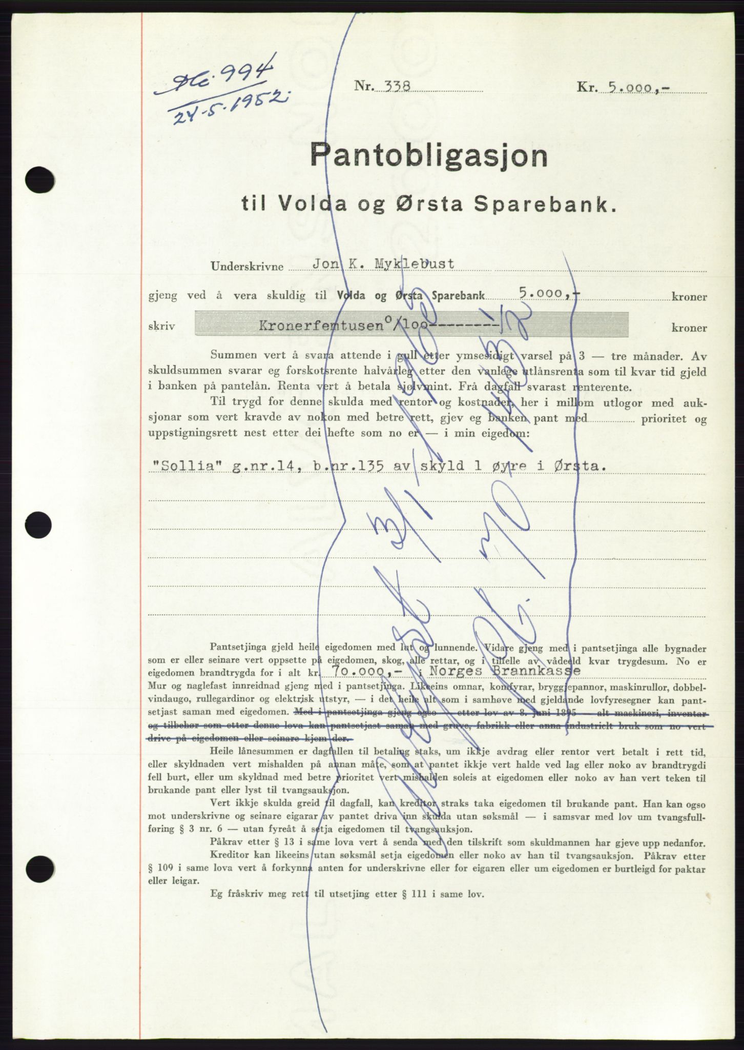 Søre Sunnmøre sorenskriveri, AV/SAT-A-4122/1/2/2C/L0121: Mortgage book no. 9B, 1951-1952, Diary no: : 994/1952