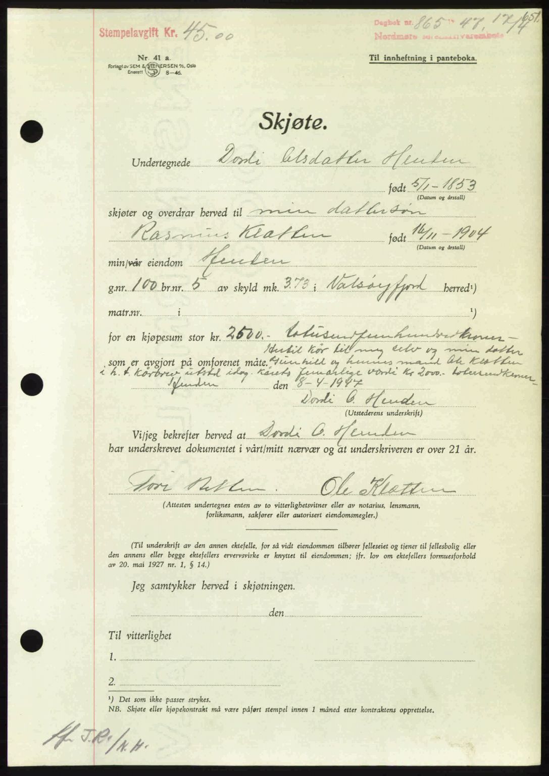 Nordmøre sorenskriveri, AV/SAT-A-4132/1/2/2Ca: Mortgage book no. A104, 1947-1947, Diary no: : 865/1947