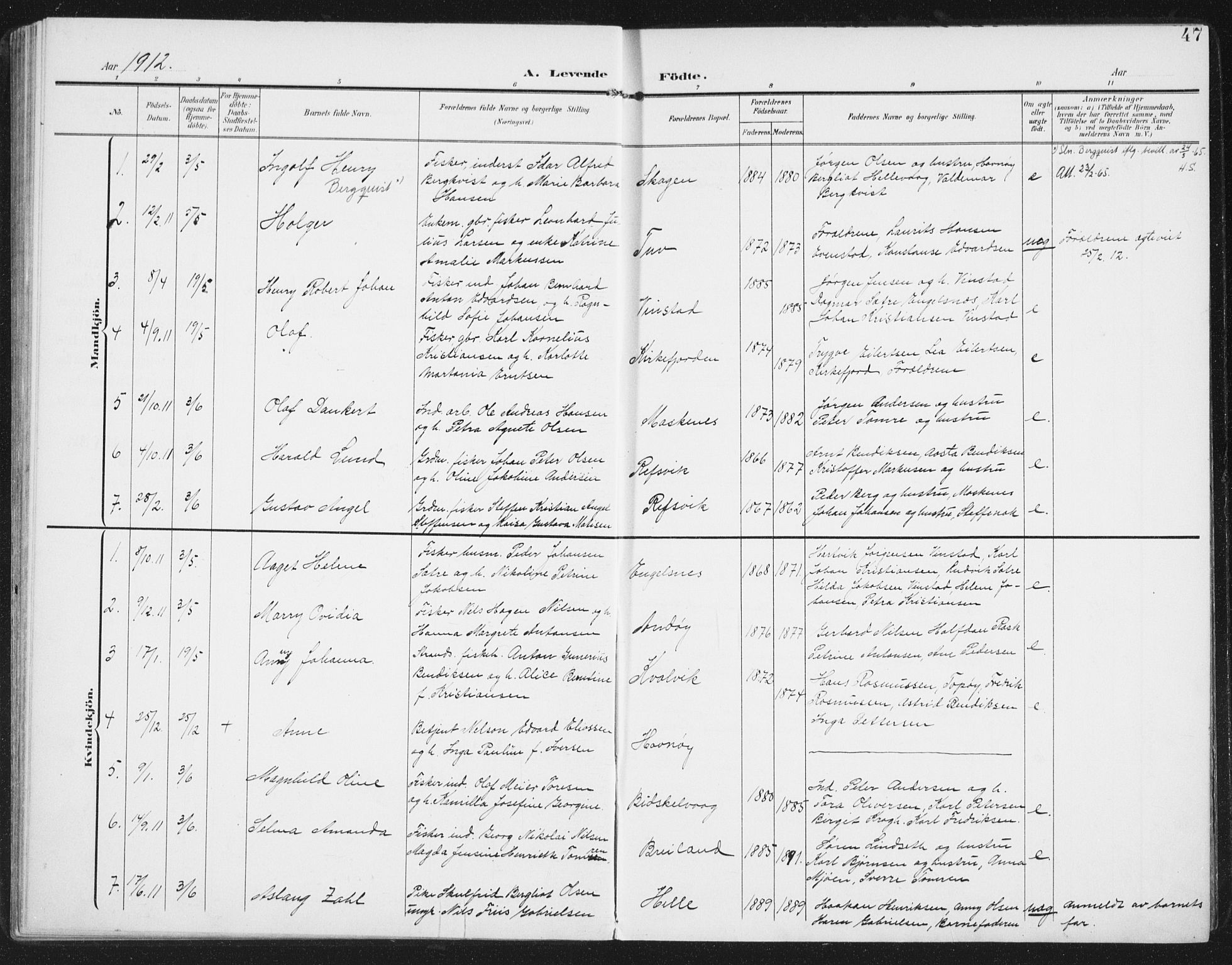 Ministerialprotokoller, klokkerbøker og fødselsregistre - Nordland, SAT/A-1459/886/L1221: Parish register (official) no. 886A03, 1903-1913, p. 47