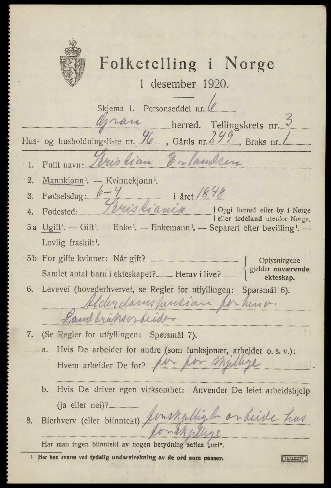 SAH, 1920 census for Gran, 1920, p. 5754