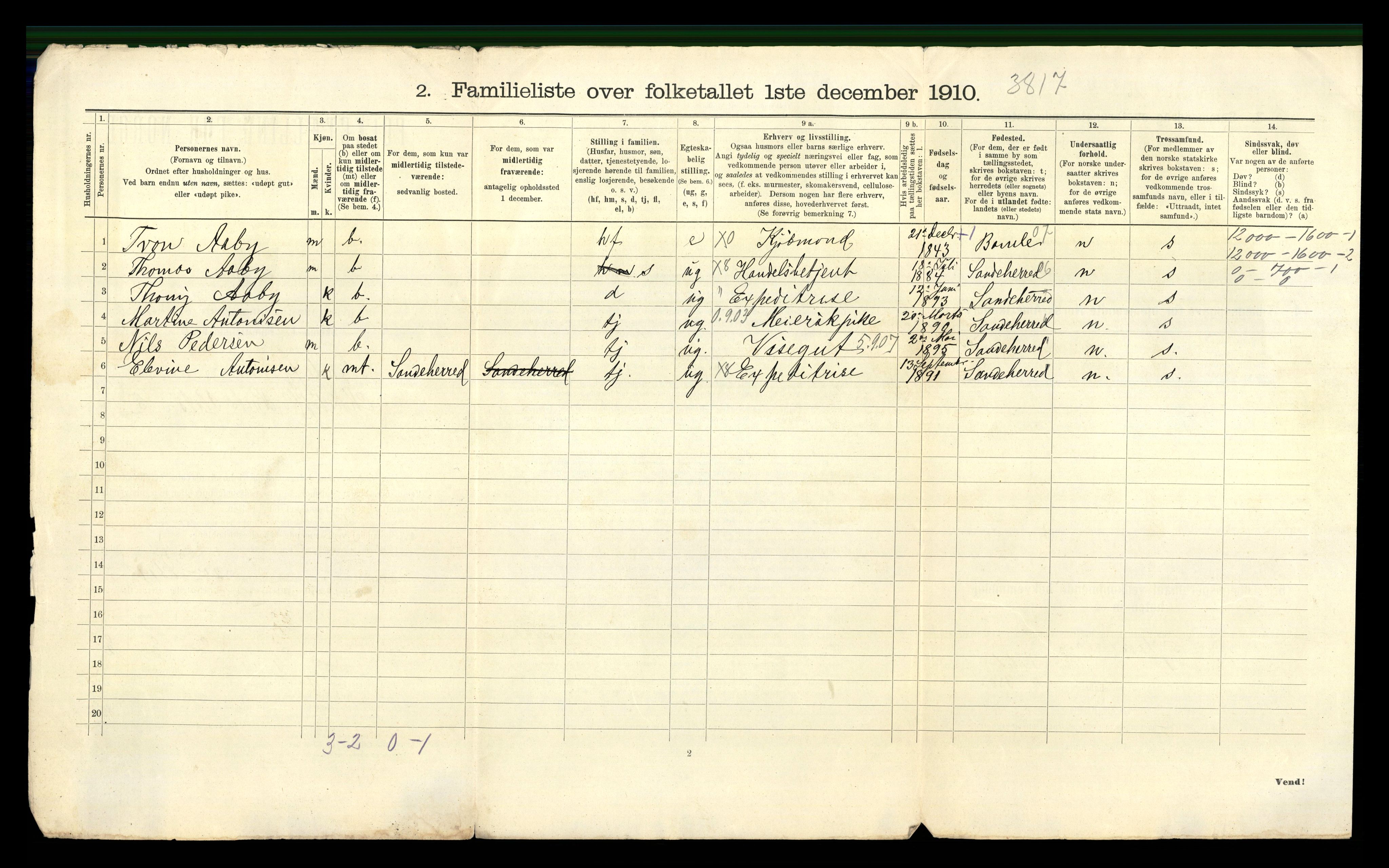 RA, 1910 census for Sandefjord, 1910, p. 1311