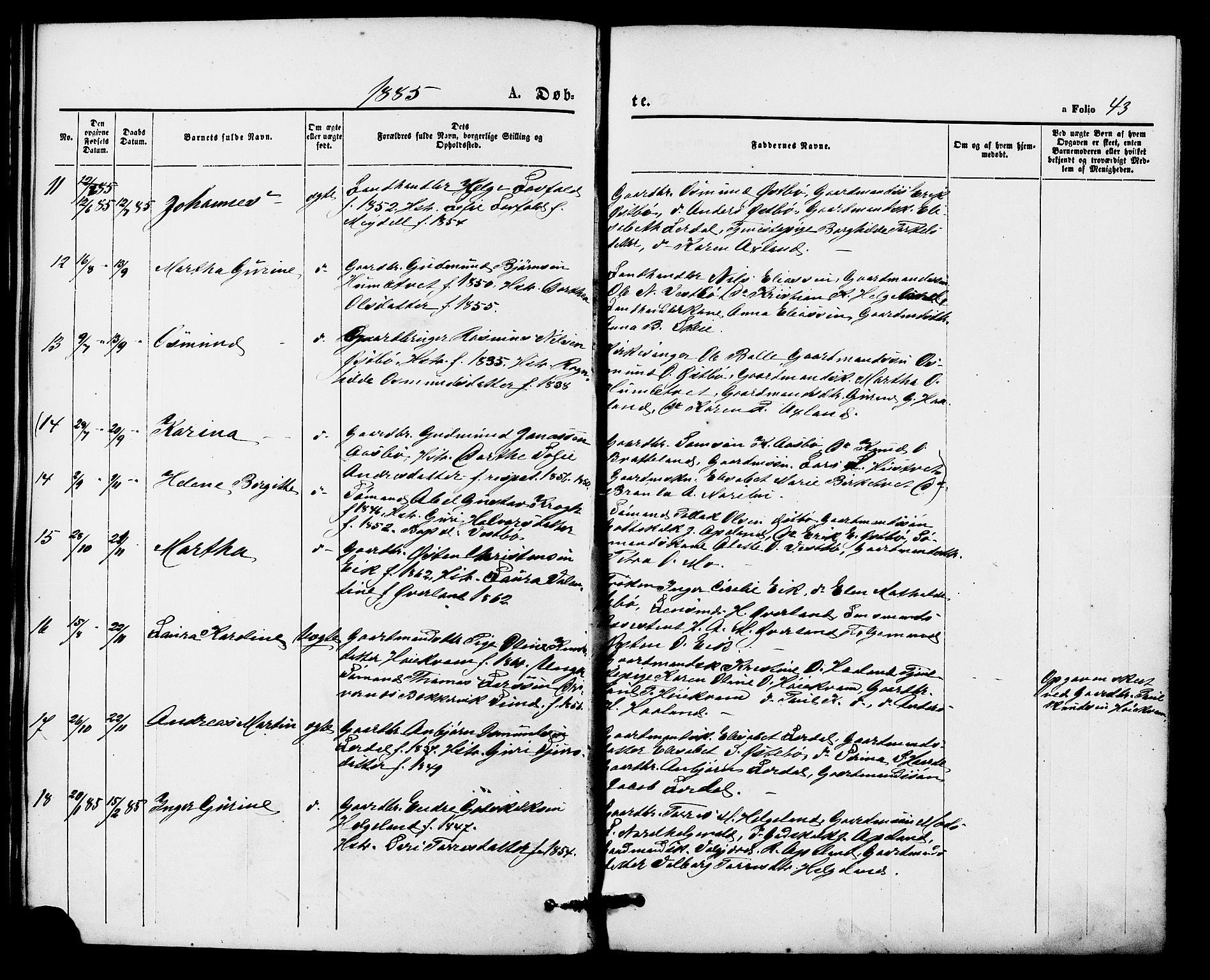 Vikedal sokneprestkontor, AV/SAST-A-101840/01/IV: Parish register (official) no. A 8, 1868-1885, p. 43