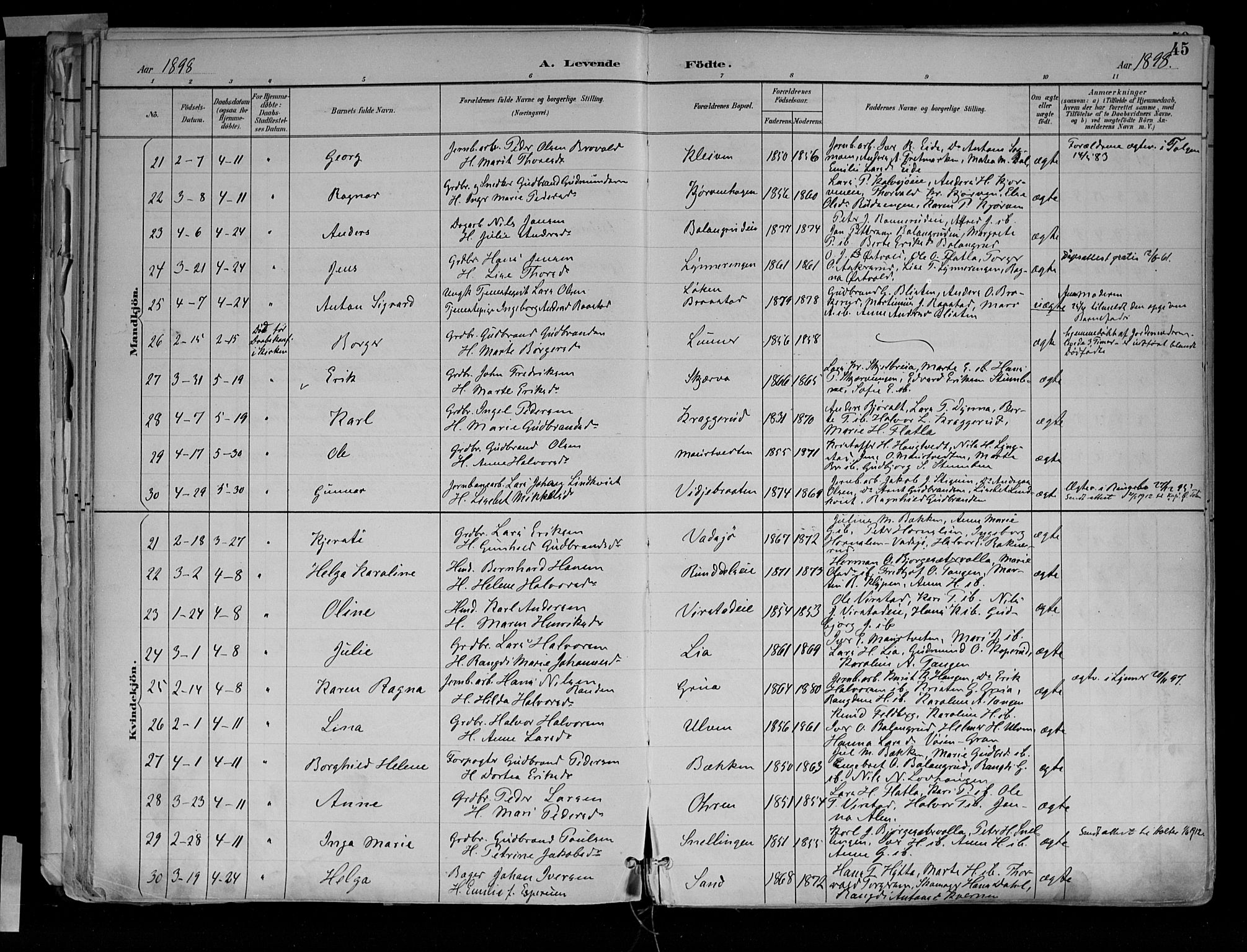 Jevnaker prestekontor, AV/SAH-PREST-116/H/Ha/Haa/L0010: Parish register (official) no. 10, 1891-1906, p. 45