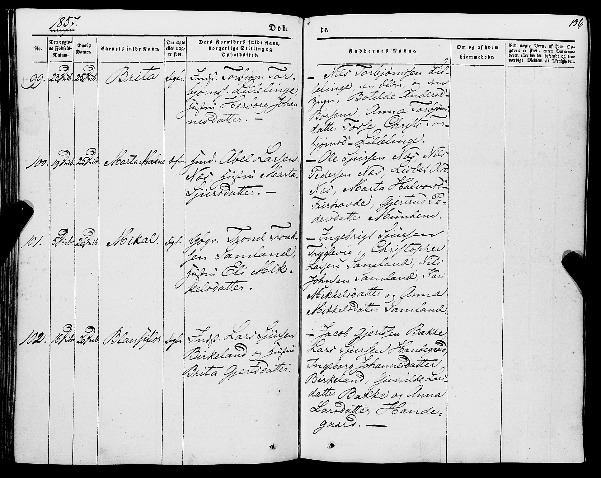 Strandebarm sokneprestembete, AV/SAB-A-78401/H/Haa: Parish register (official) no. A 7, 1844-1872, p. 136