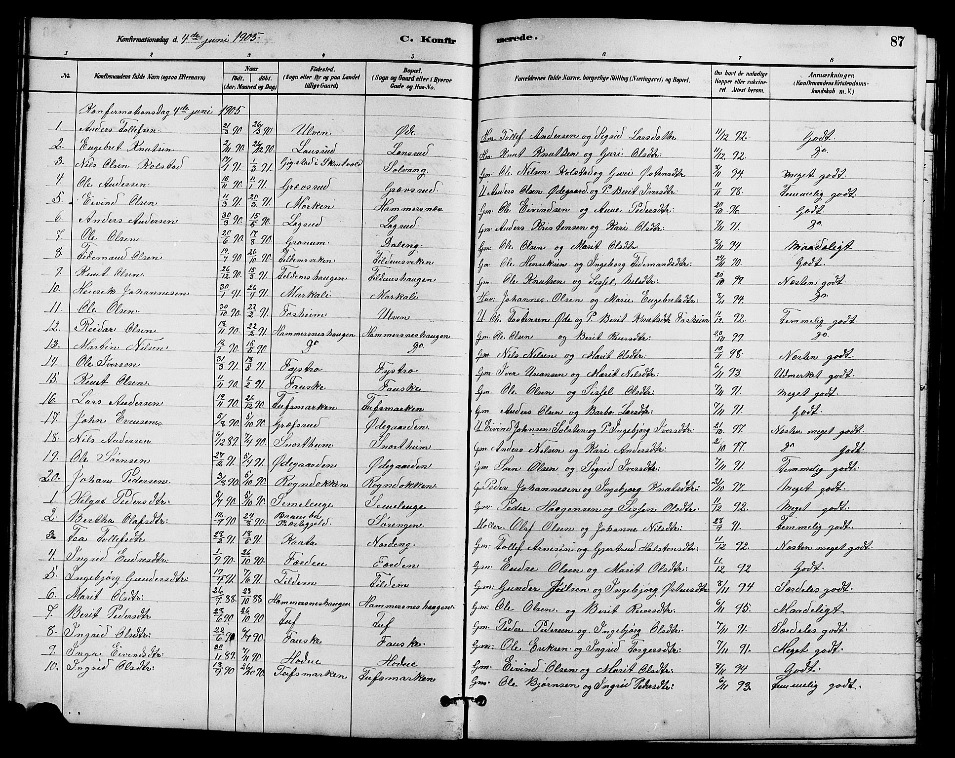 Vestre Slidre prestekontor, SAH/PREST-136/H/Ha/Hab/L0005: Parish register (copy) no. 5, 1881-1913, p. 87
