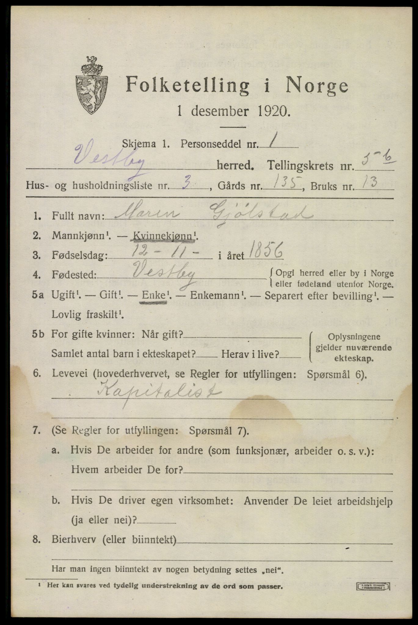 SAO, 1920 census for Vestby, 1920, p. 6377