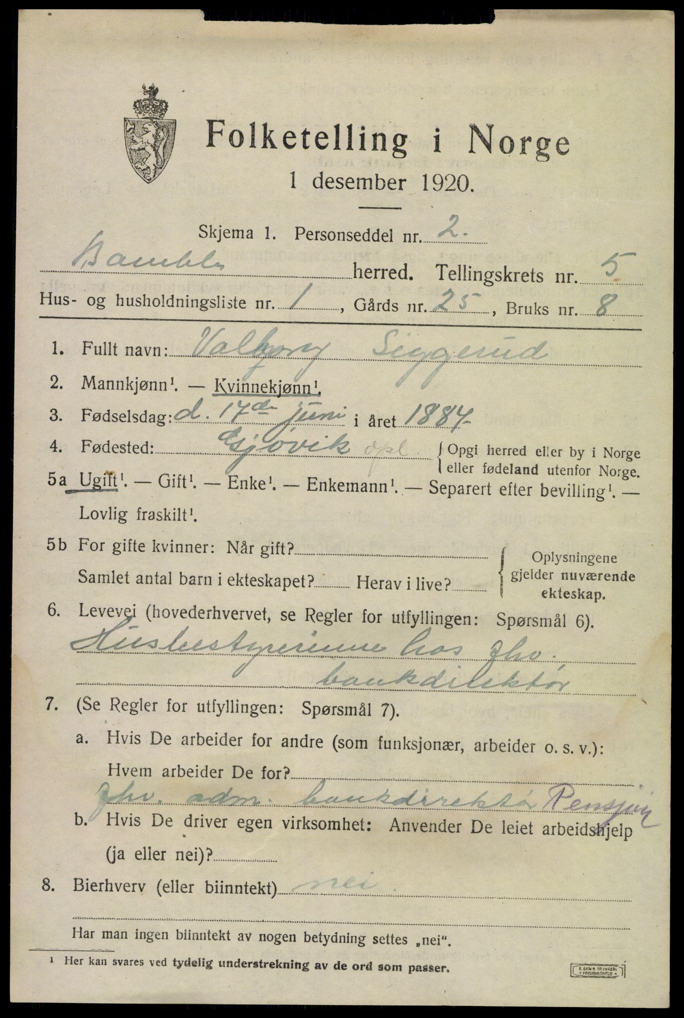 SAKO, 1920 census for Bamble, 1920, p. 4959