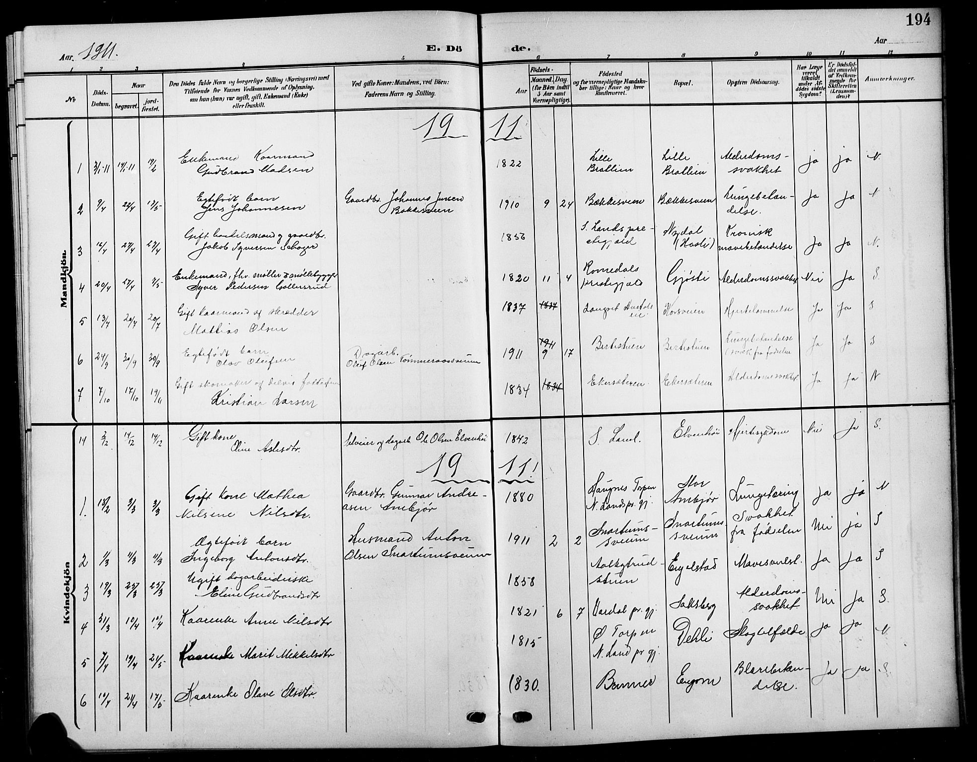 Biri prestekontor, SAH/PREST-096/H/Ha/Hab/L0005: Parish register (copy) no. 5, 1906-1919, p. 194