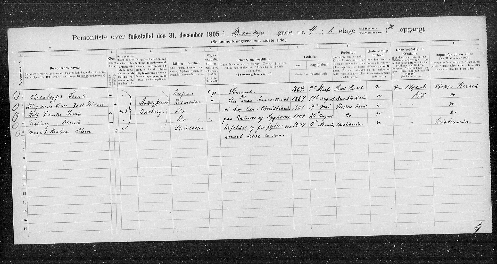 OBA, Municipal Census 1905 for Kristiania, 1905, p. 2310