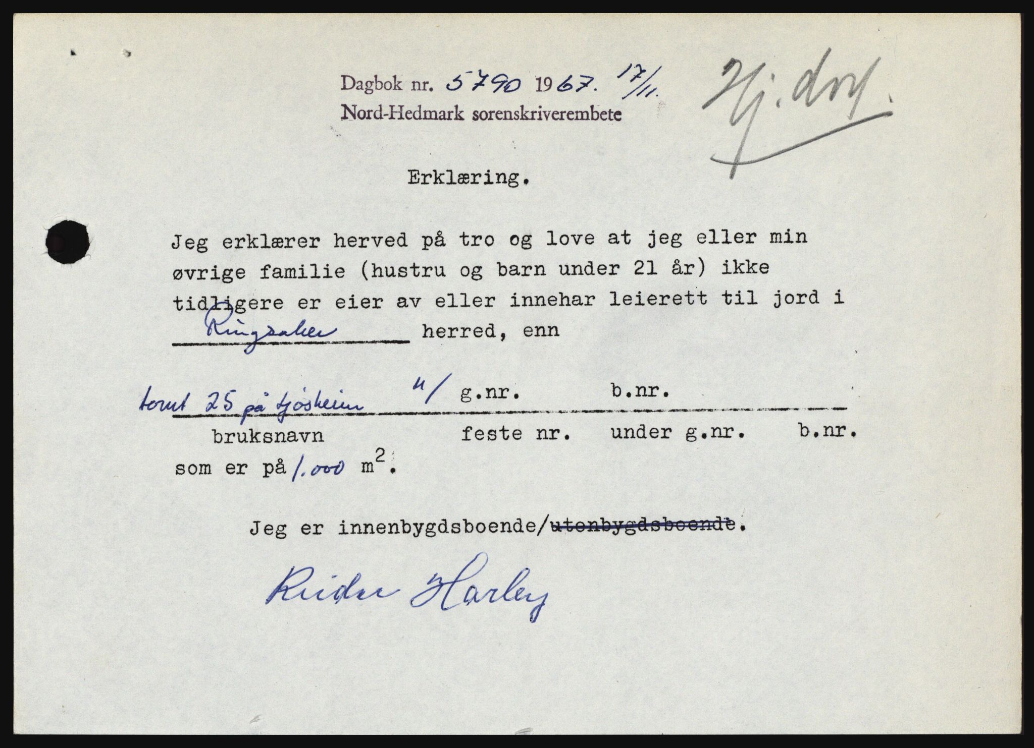 Nord-Hedmark sorenskriveri, SAH/TING-012/H/Hc/L0027: Mortgage book no. 27, 1967-1968, Diary no: : 5790/1967