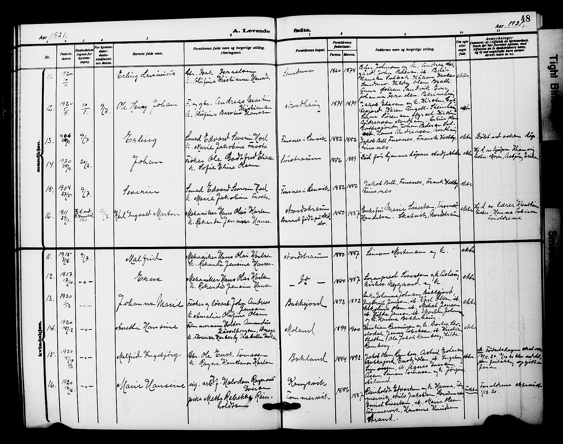 Tranøy sokneprestkontor, AV/SATØ-S-1313/I/Ia/Iab/L0023klokker: Parish register (copy) no. 23, 1913-1928, p. 48