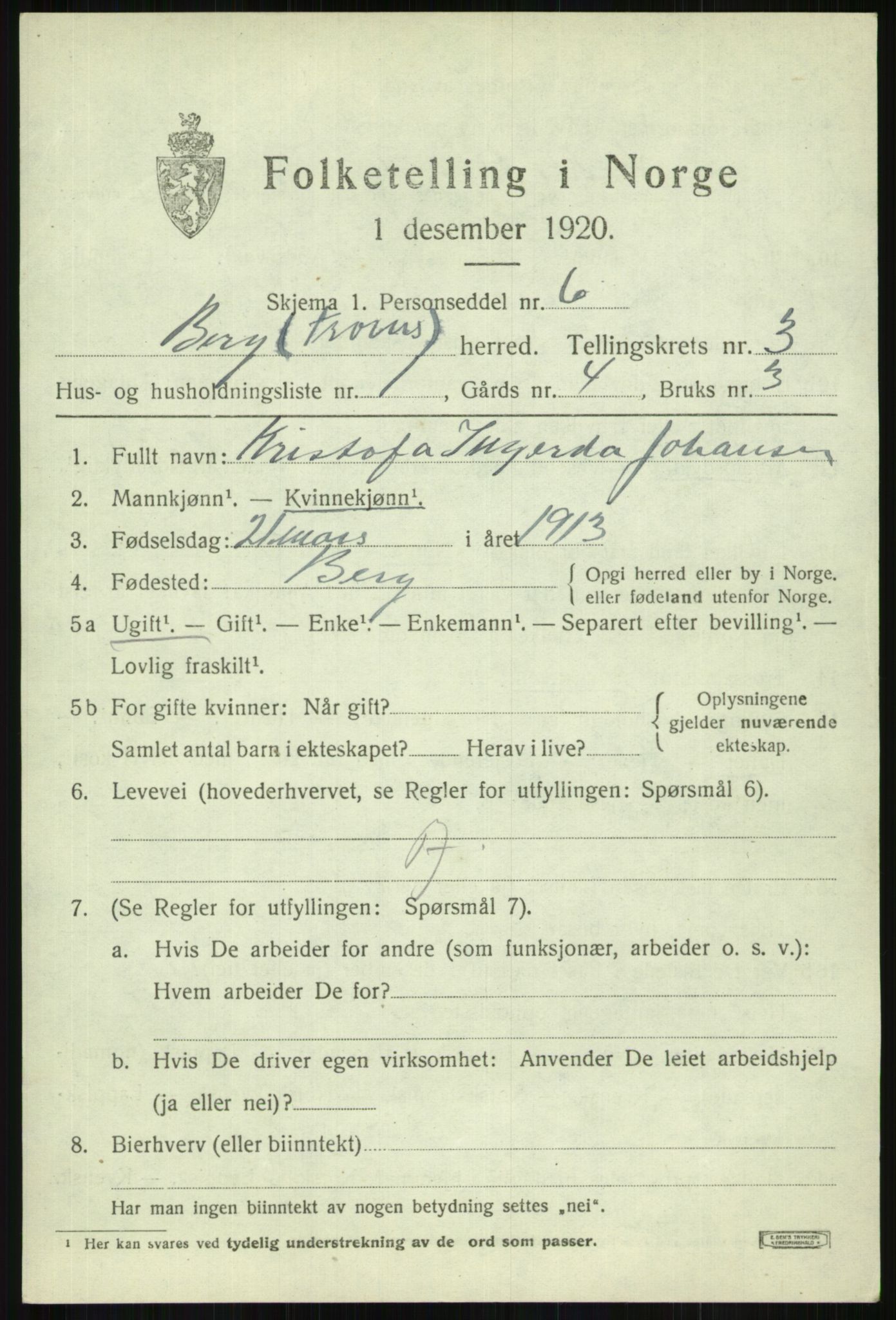 SATØ, 1920 census for Berg, 1920, p. 1240