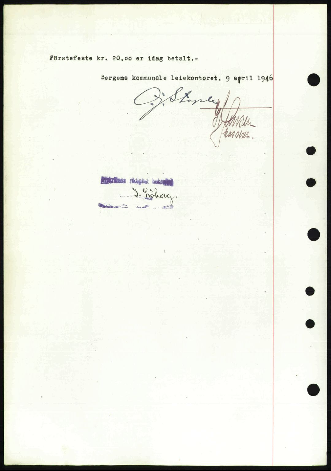 Byfogd og Byskriver i Bergen, AV/SAB-A-3401/03/03Bc/L0022: Mortgage book no. A18, 1946-1946, Diary no: : 2075/1946