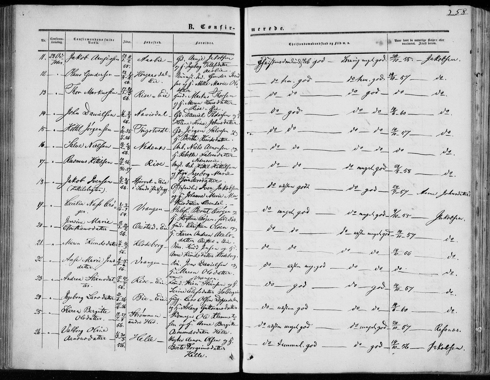 Øyestad sokneprestkontor, AV/SAK-1111-0049/F/Fa/L0015: Parish register (official) no. A 15, 1857-1873, p. 258