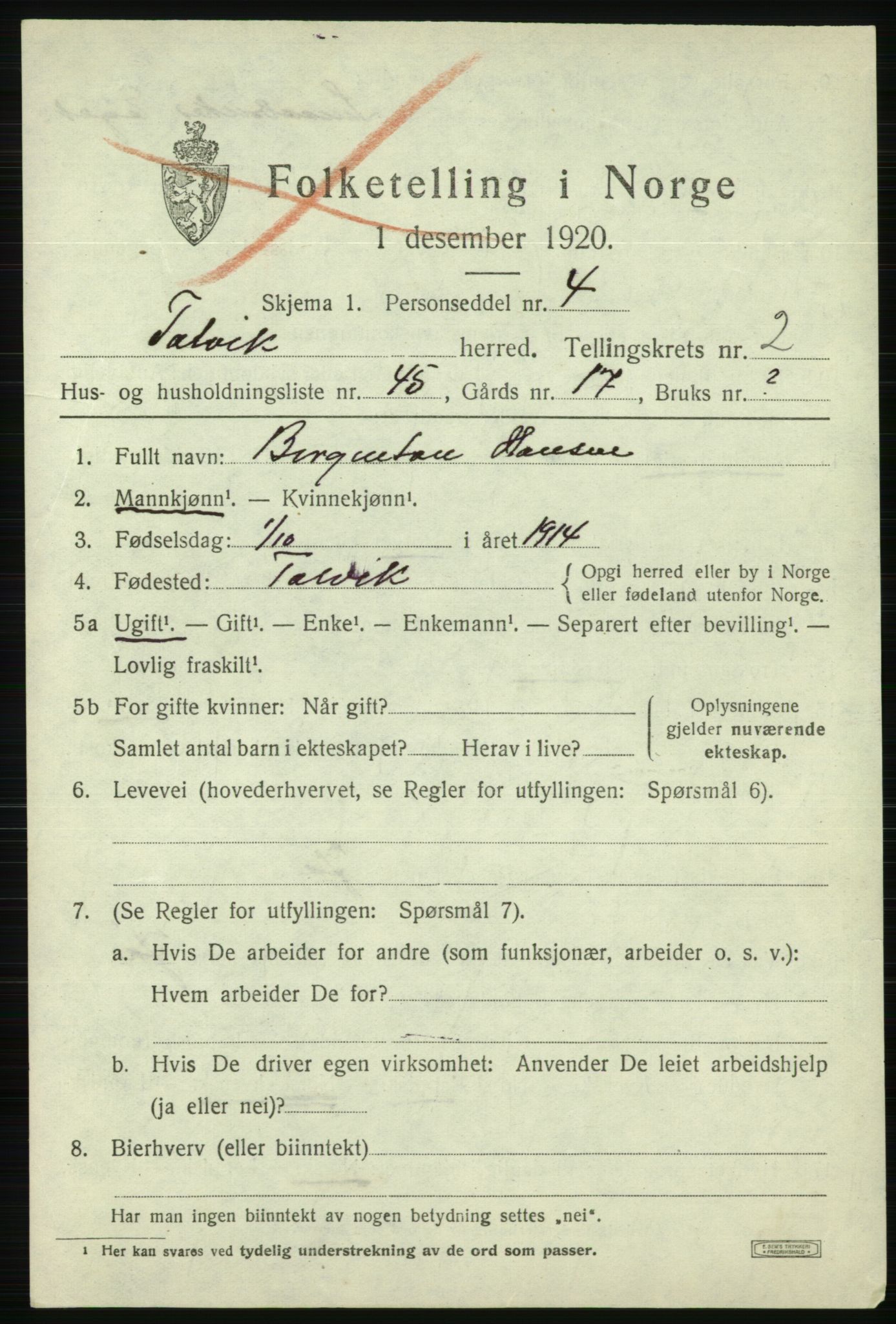 SATØ, 1920 census for Talvik, 1920, p. 2178