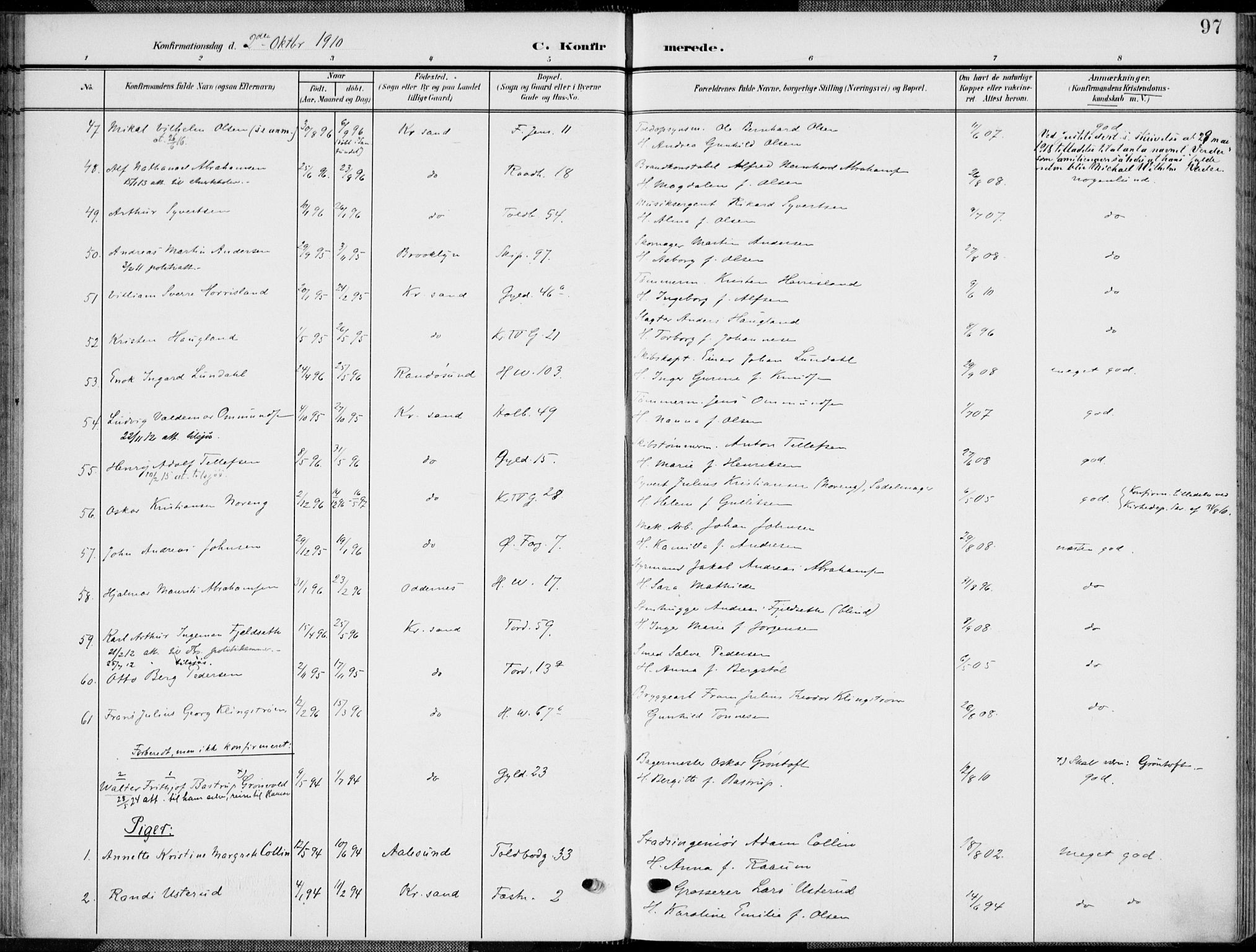 Kristiansand domprosti, SAK/1112-0006/F/Fa/L0022: Parish register (official) no. A 21, 1905-1916, p. 97