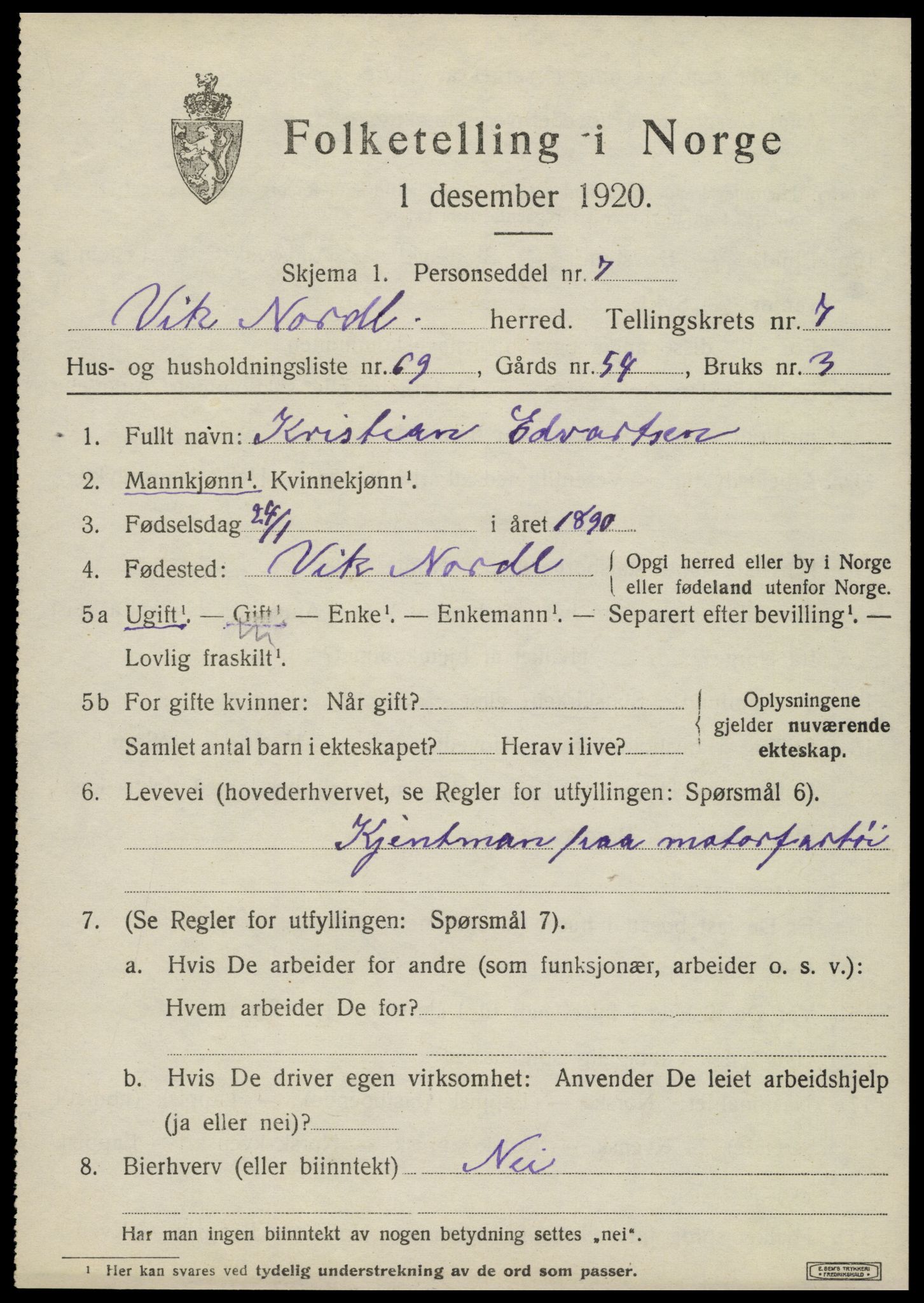 SAT, 1920 census for Vik, 1920, p. 5241