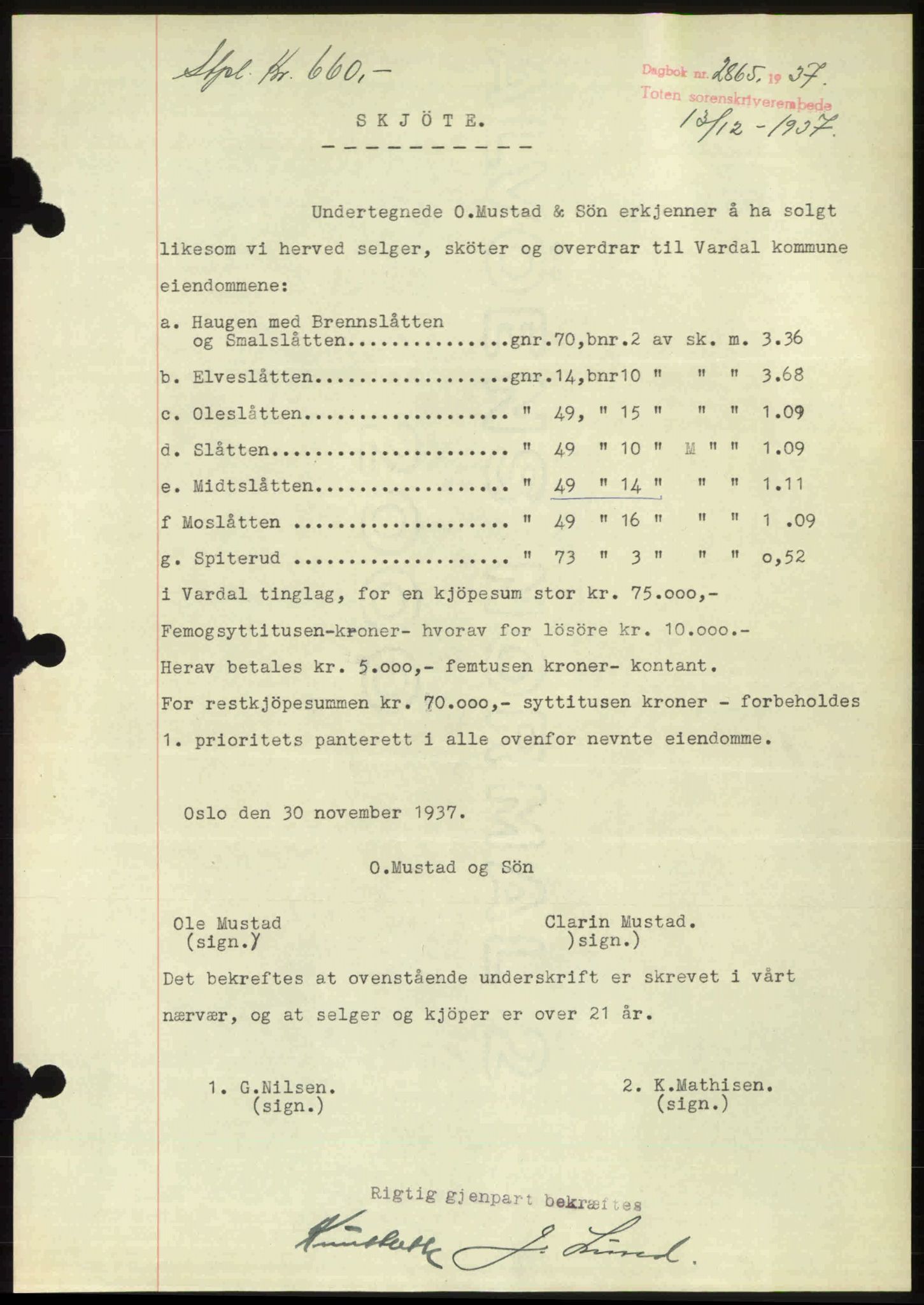 Toten tingrett, SAH/TING-006/H/Hb/Hbc/L0003: Mortgage book no. Hbc-03, 1937-1938, Diary no: : 2865/1937