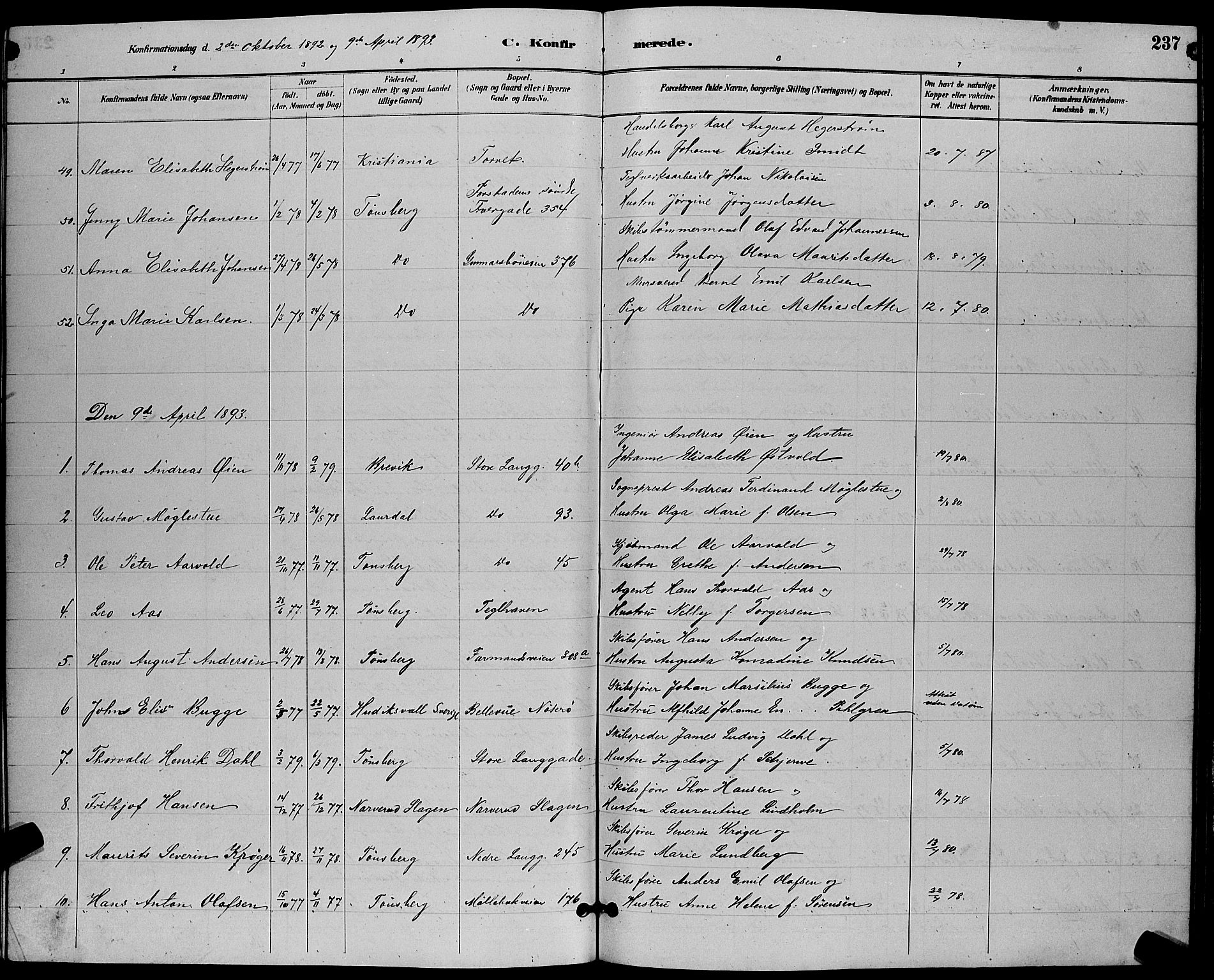 Tønsberg kirkebøker, SAKO/A-330/G/Ga/L0006: Parish register (copy) no. 6, 1885-1895, p. 237