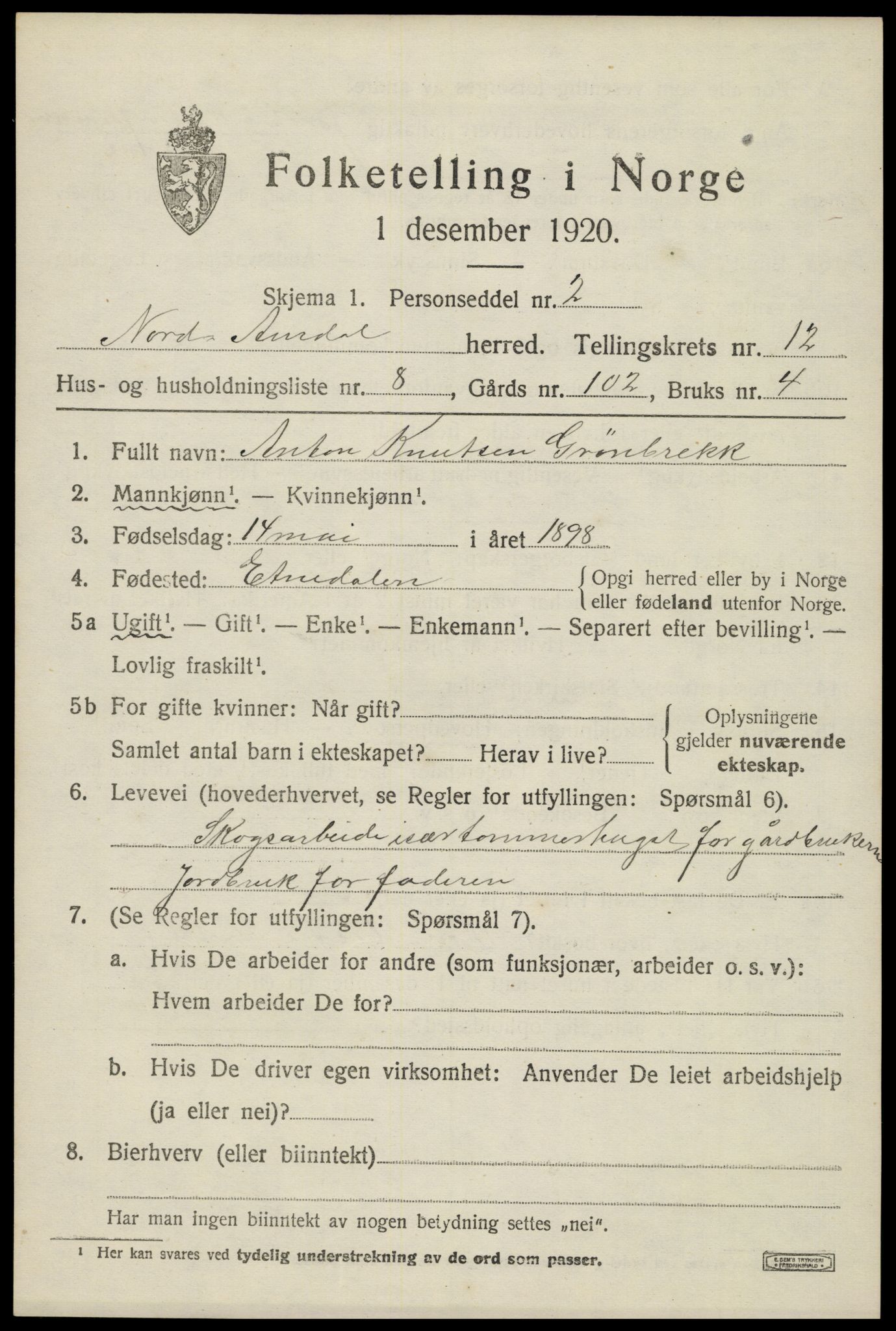 SAH, 1920 census for Nord-Aurdal, 1920, p. 9956