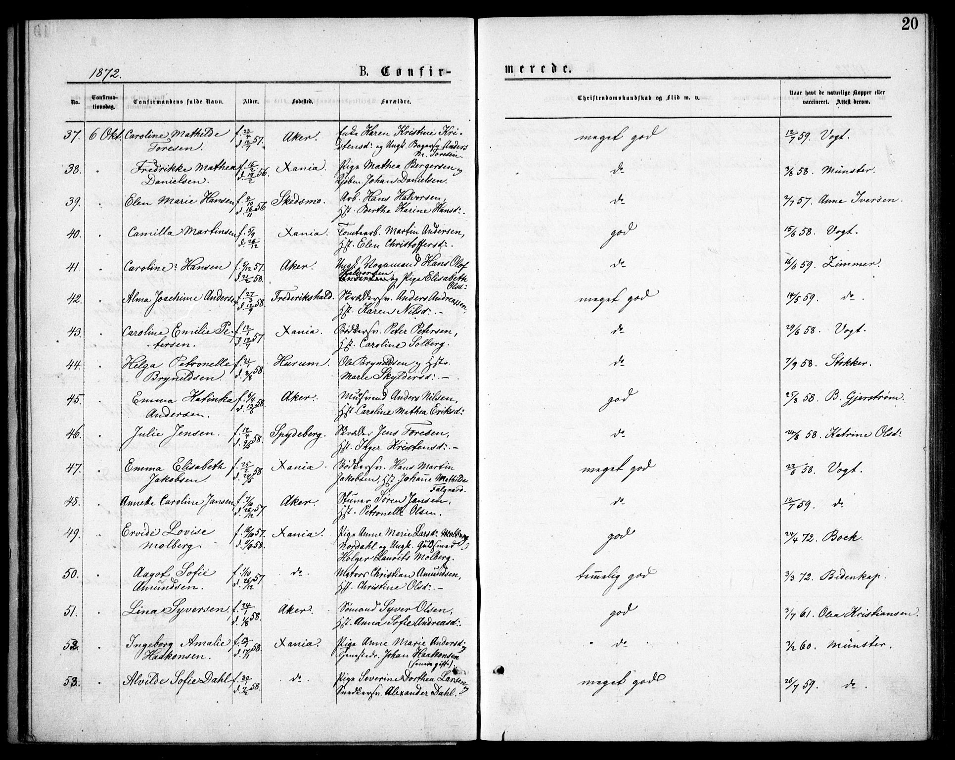 Oslo domkirke Kirkebøker, SAO/A-10752/F/Fa/L0018: Parish register (official) no. 18, 1872-1886, p. 20