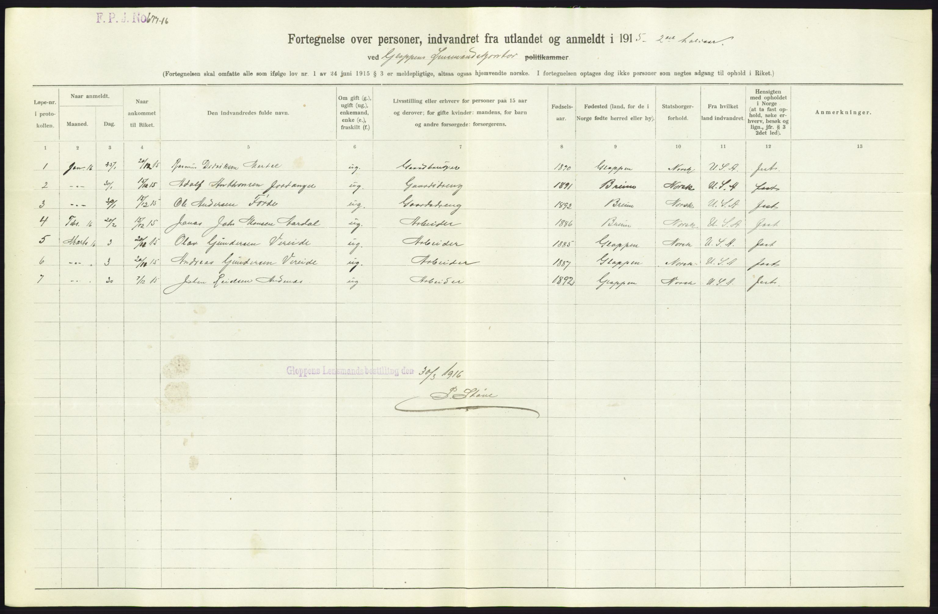 Statistisk sentralbyrå, Sosioøkonomiske emner, Folketellinger, boliger og boforhold, AV/RA-S-2231/F/Fa/L0001: Innvandring. Navn/fylkesvis, 1915, p. 468