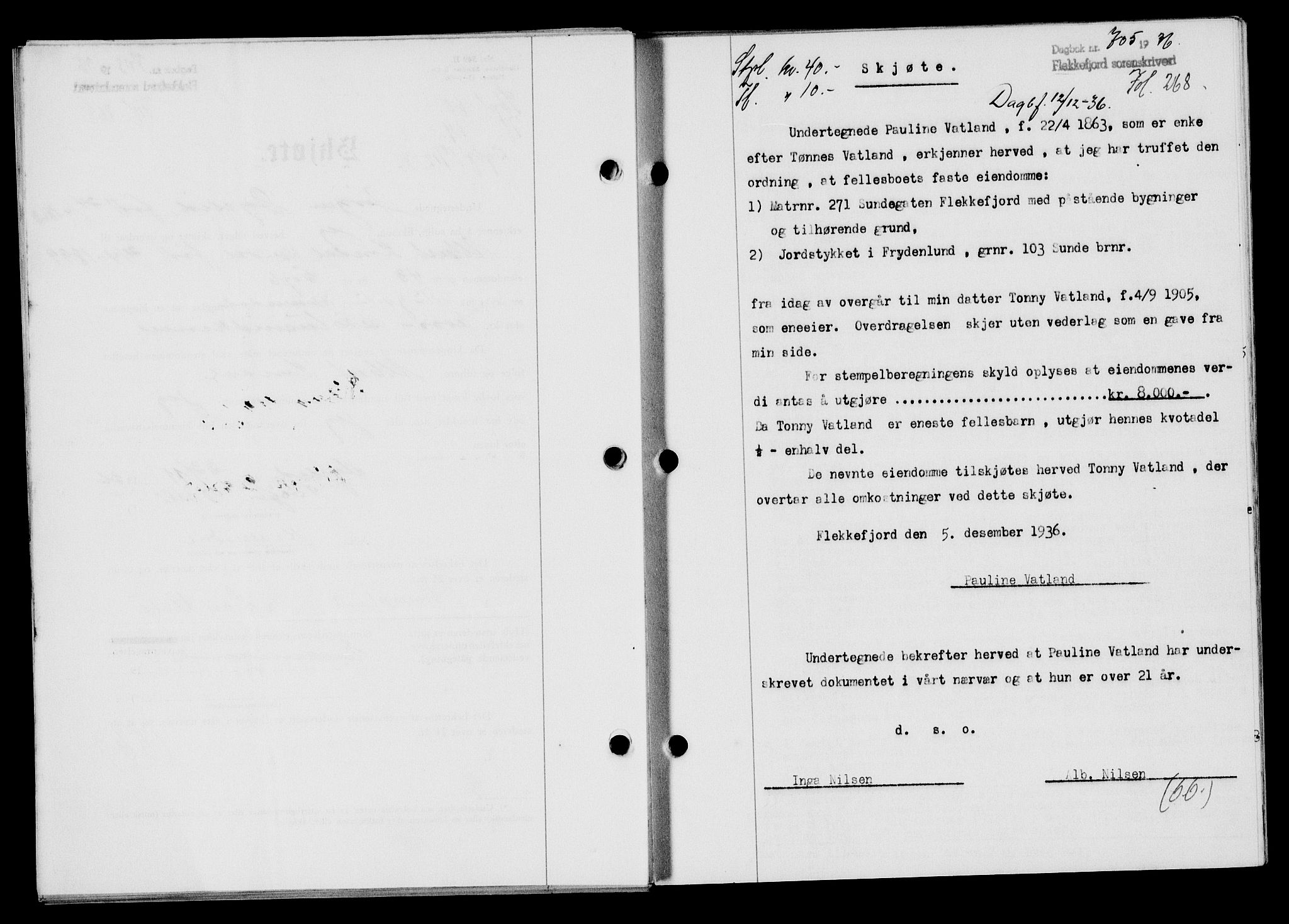 Flekkefjord sorenskriveri, SAK/1221-0001/G/Gb/Gba/L0053: Mortgage book no. A-1, 1936-1937, Diary no: : 705/1936