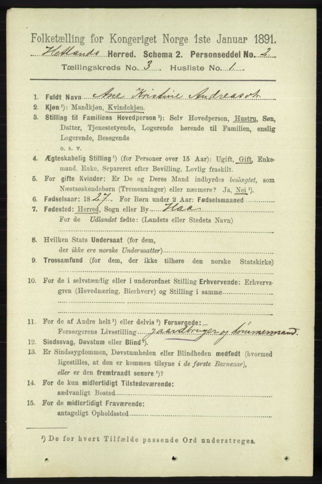 RA, 1891 census for 1126 Hetland, 1891, p. 1140