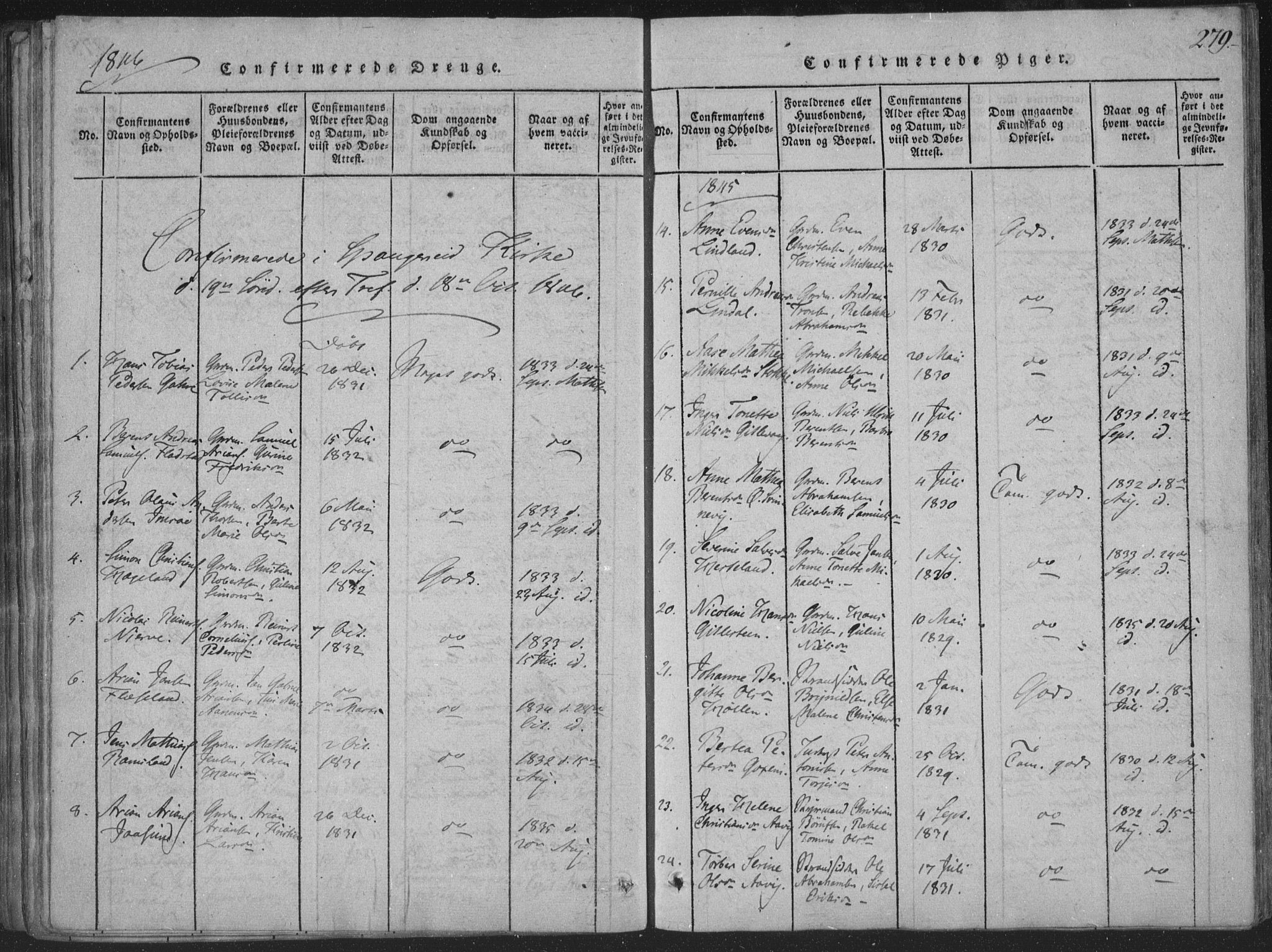 Sør-Audnedal sokneprestkontor, AV/SAK-1111-0039/F/Fa/Faa/L0001: Parish register (official) no. A 1, 1816-1848, p. 279