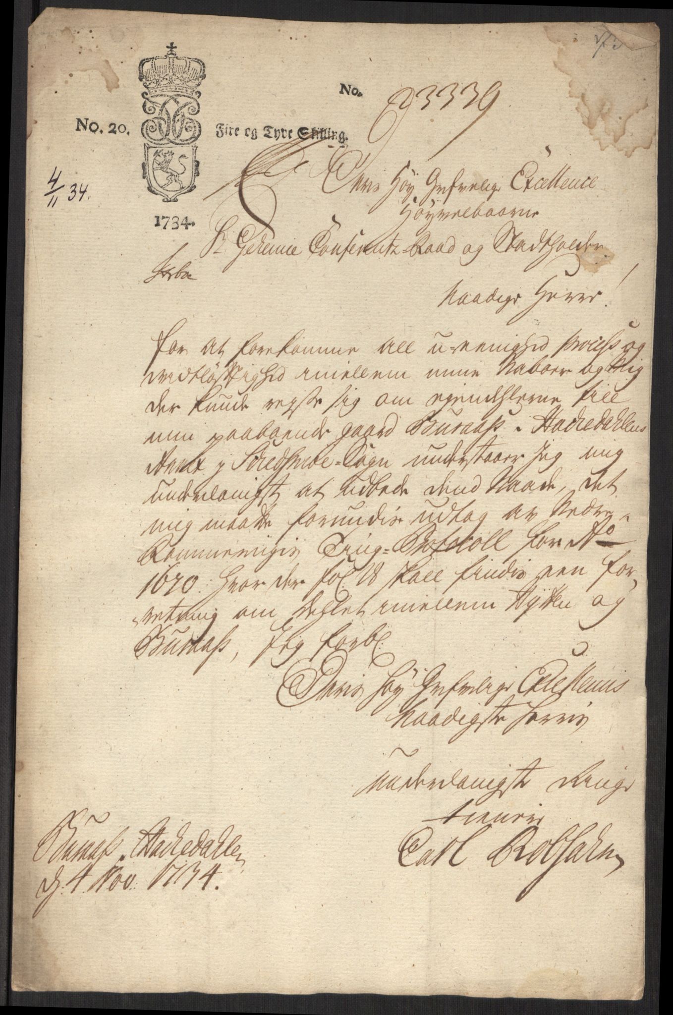 Stattholderembetet 1572-1771, AV/RA-EA-2870/Ef/L0107: Brev fra embetsmenn og andre, 1733-1734, p. 406