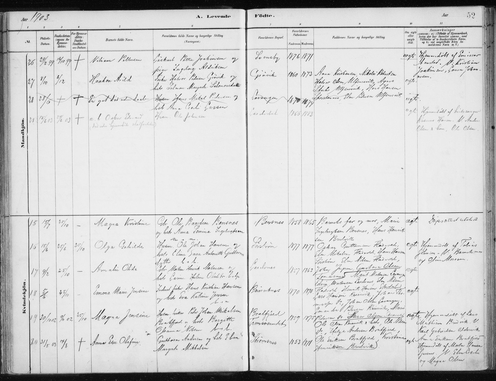 Lyngen sokneprestembete, AV/SATØ-S-1289/H/He/Hea/L0010kirke: Parish register (official) no. 10, 1883-1904, p. 52