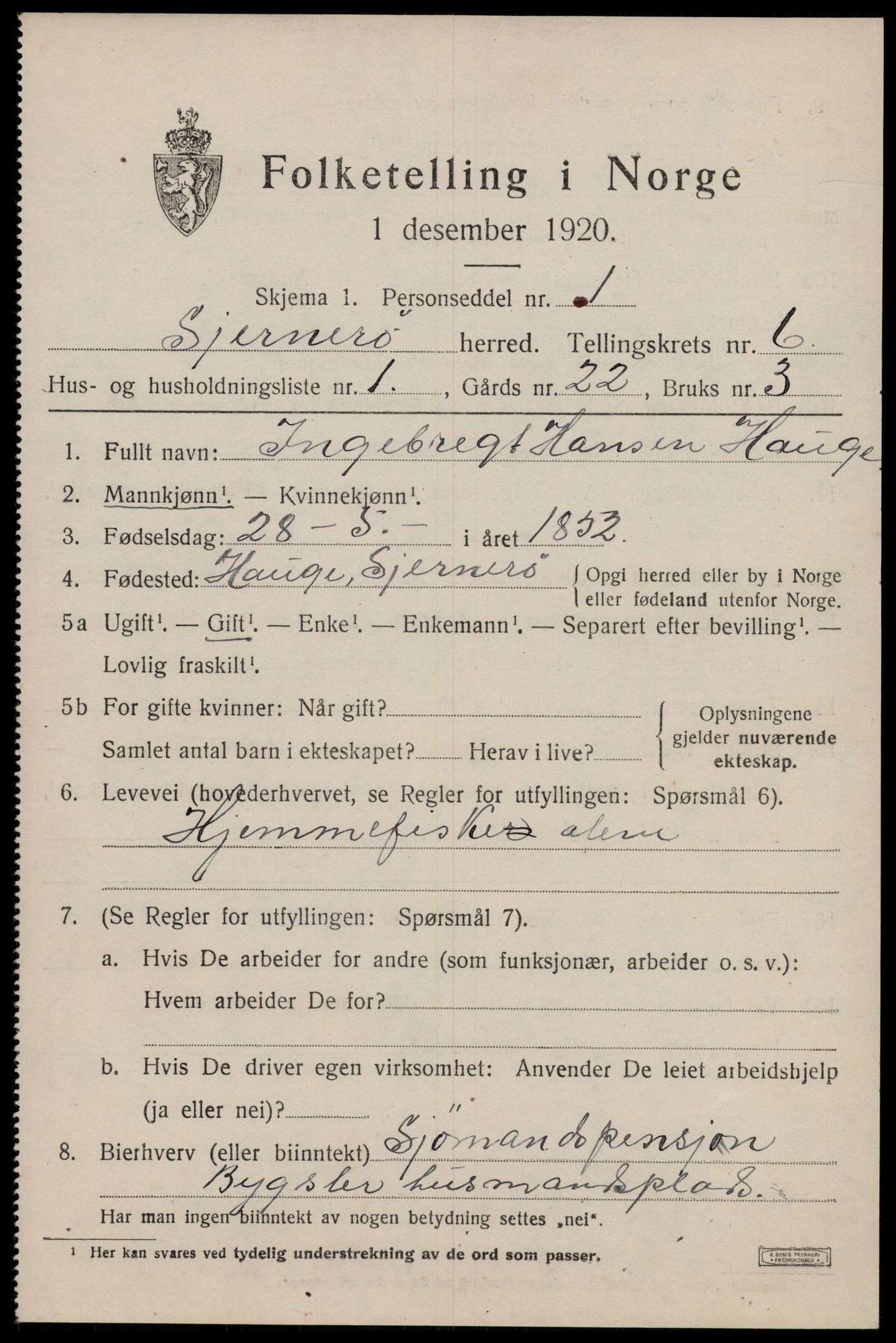 SAST, 1920 census for Sjernarøy, 1920, p. 1544