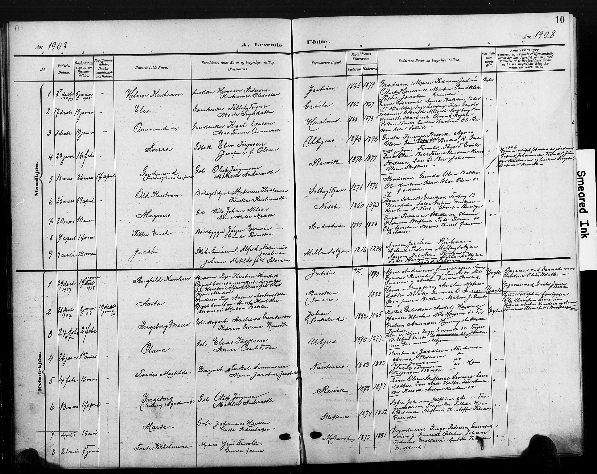 Hommedal sokneprestkontor, SAK/1111-0023/F/Fb/Fbb/L0008: Parish register (copy) no. B 8, 1905-1929, p. 10