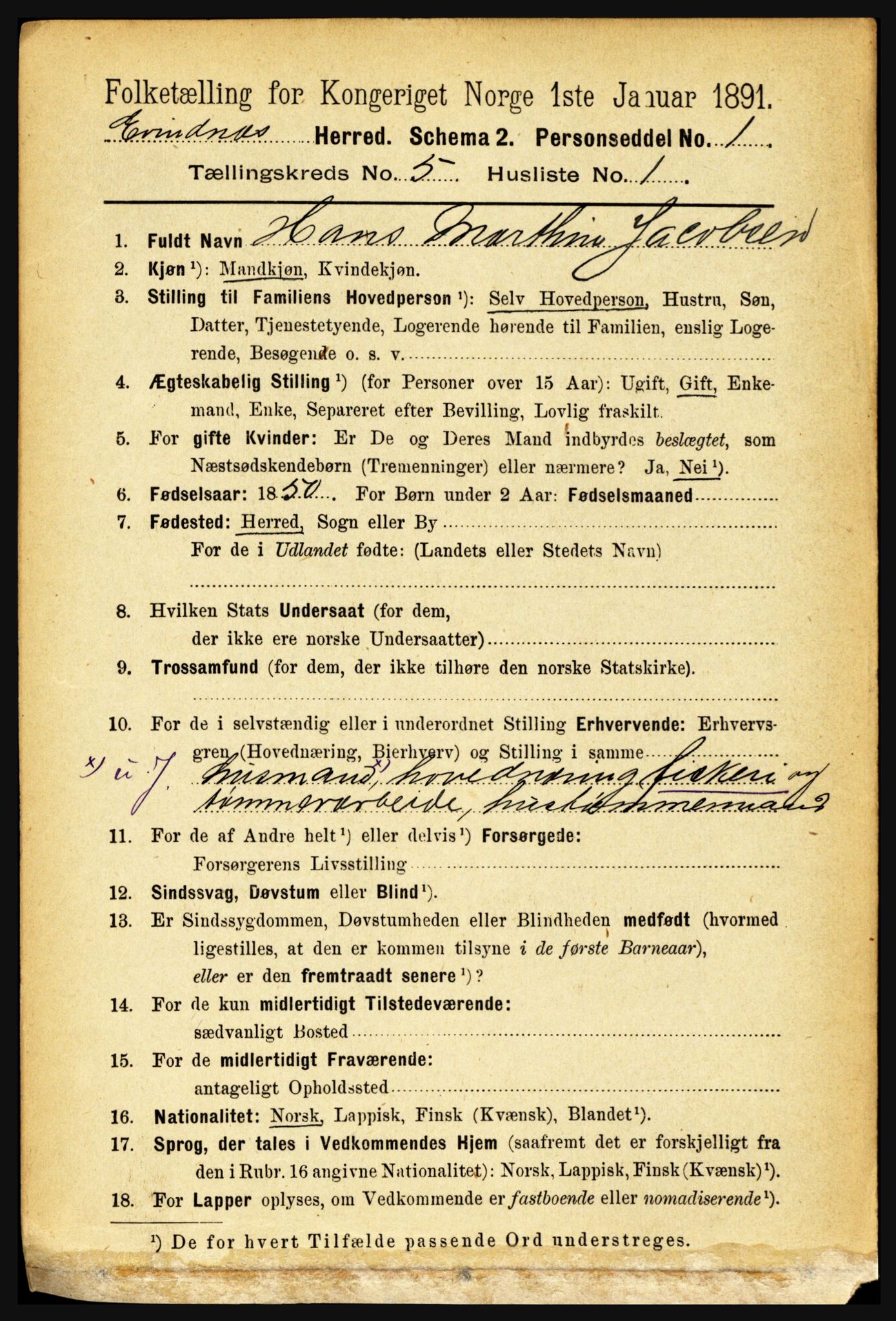 RA, 1891 census for 1853 Evenes, 1891, p. 1622