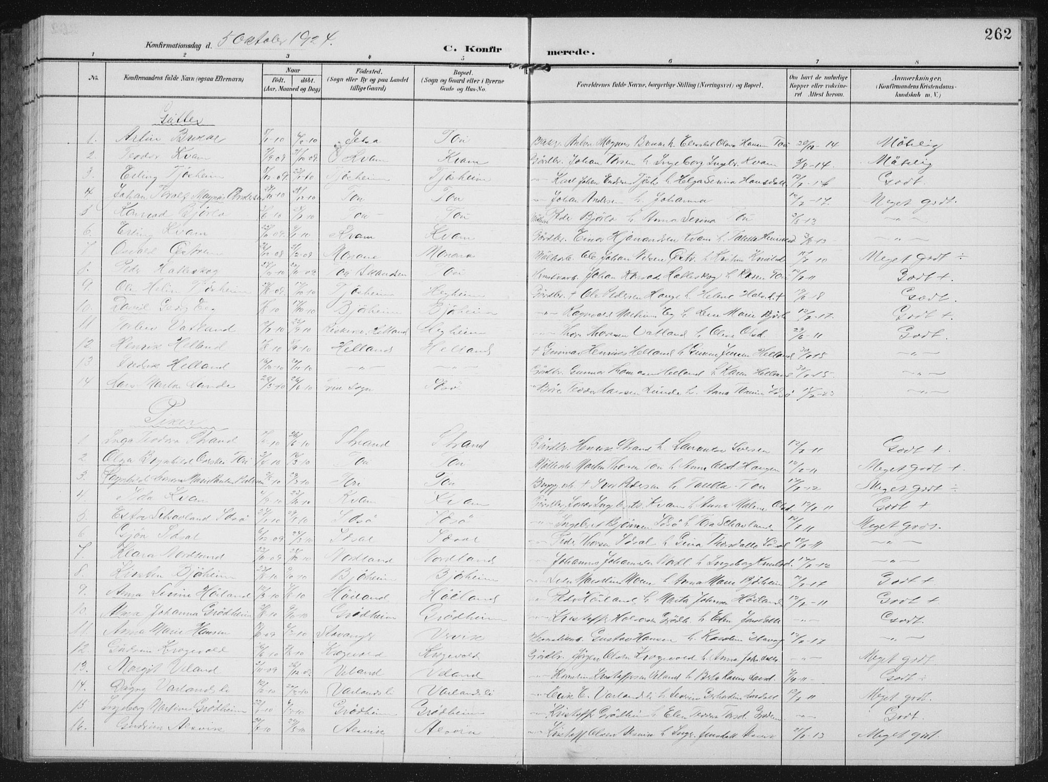 Strand sokneprestkontor, AV/SAST-A-101828/H/Ha/Hab/L0005: Parish register (copy) no. B 5, 1904-1934, p. 262