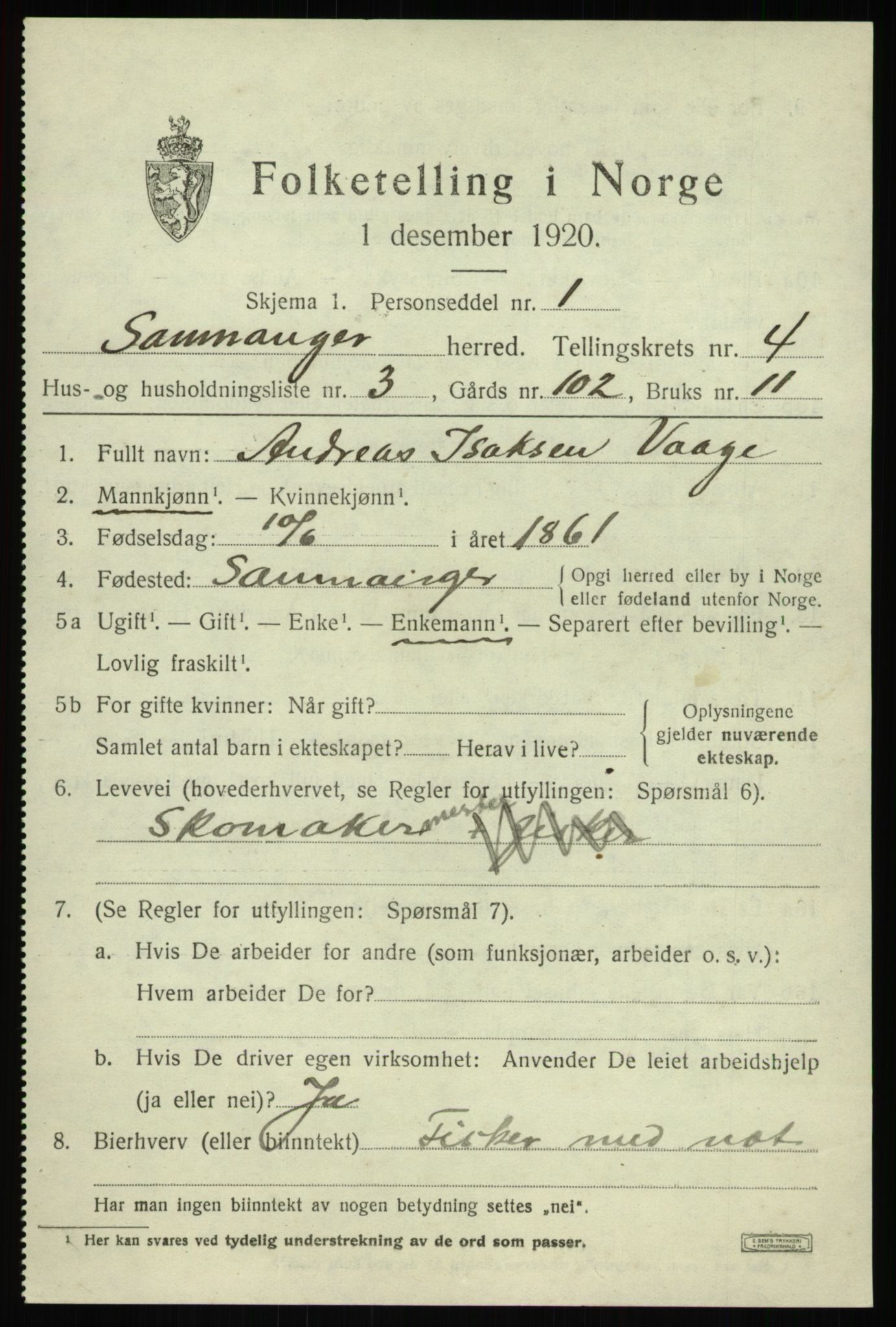 SAB, 1920 census for Samnanger, 1920, p. 1685