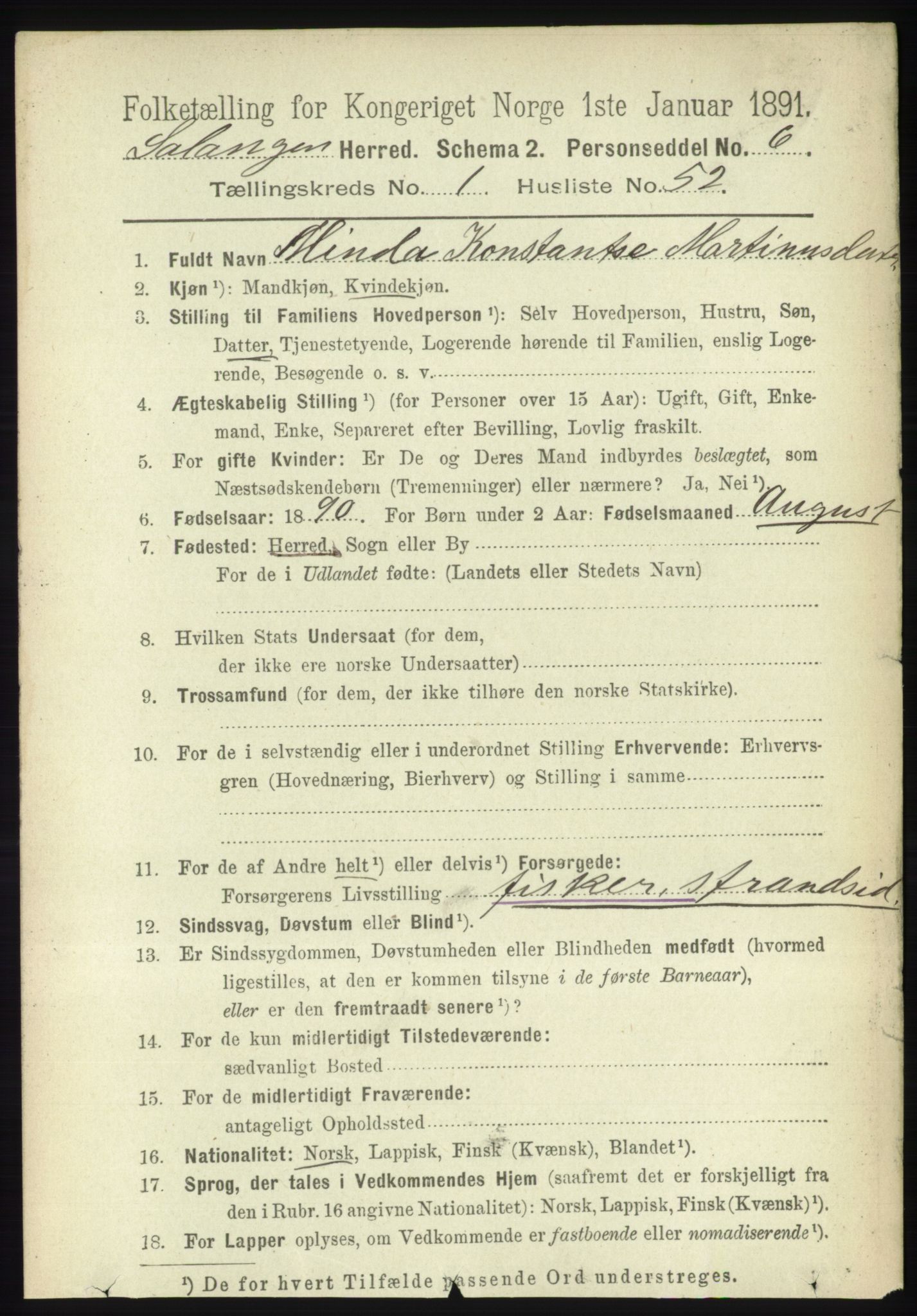 RA, 1891 census for 1921 Salangen, 1891, p. 450