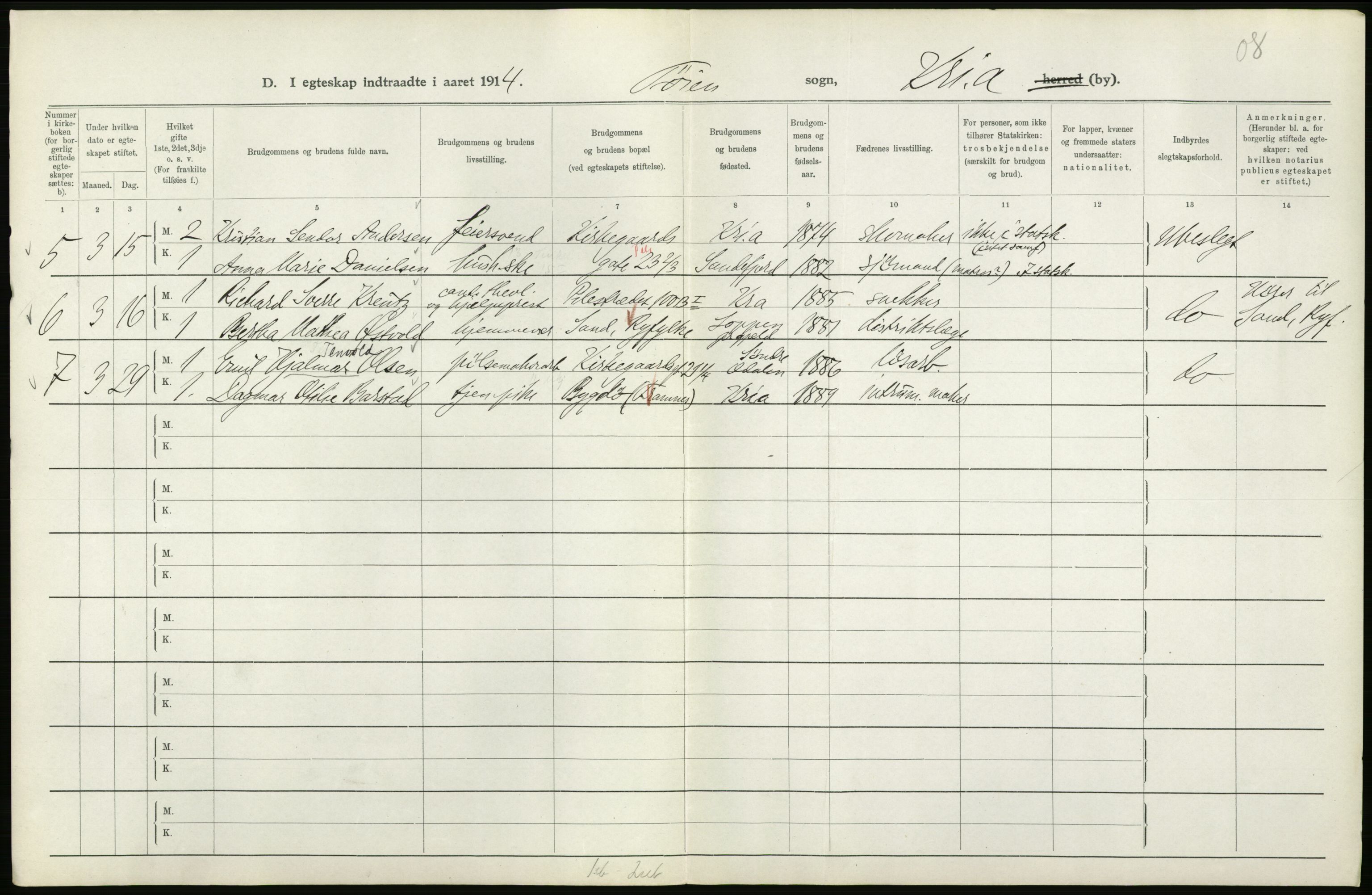 Statistisk sentralbyrå, Sosiodemografiske emner, Befolkning, RA/S-2228/D/Df/Dfb/Dfbd/L0007: Kristiania: Gifte, 1914, p. 82