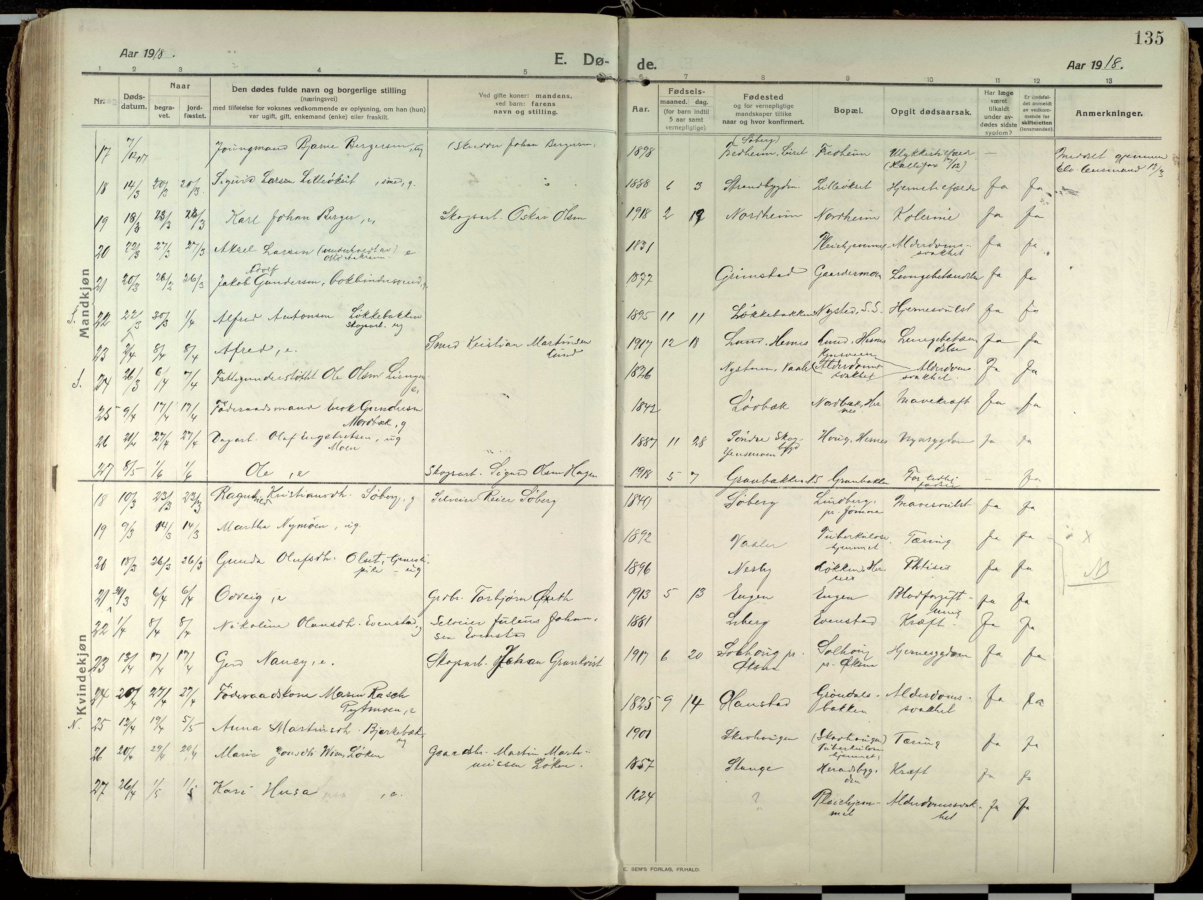 Elverum prestekontor, AV/SAH-PREST-044/H/Ha/Haa/L0021: Parish register (official) no. 21, 1913-1928, p. 135