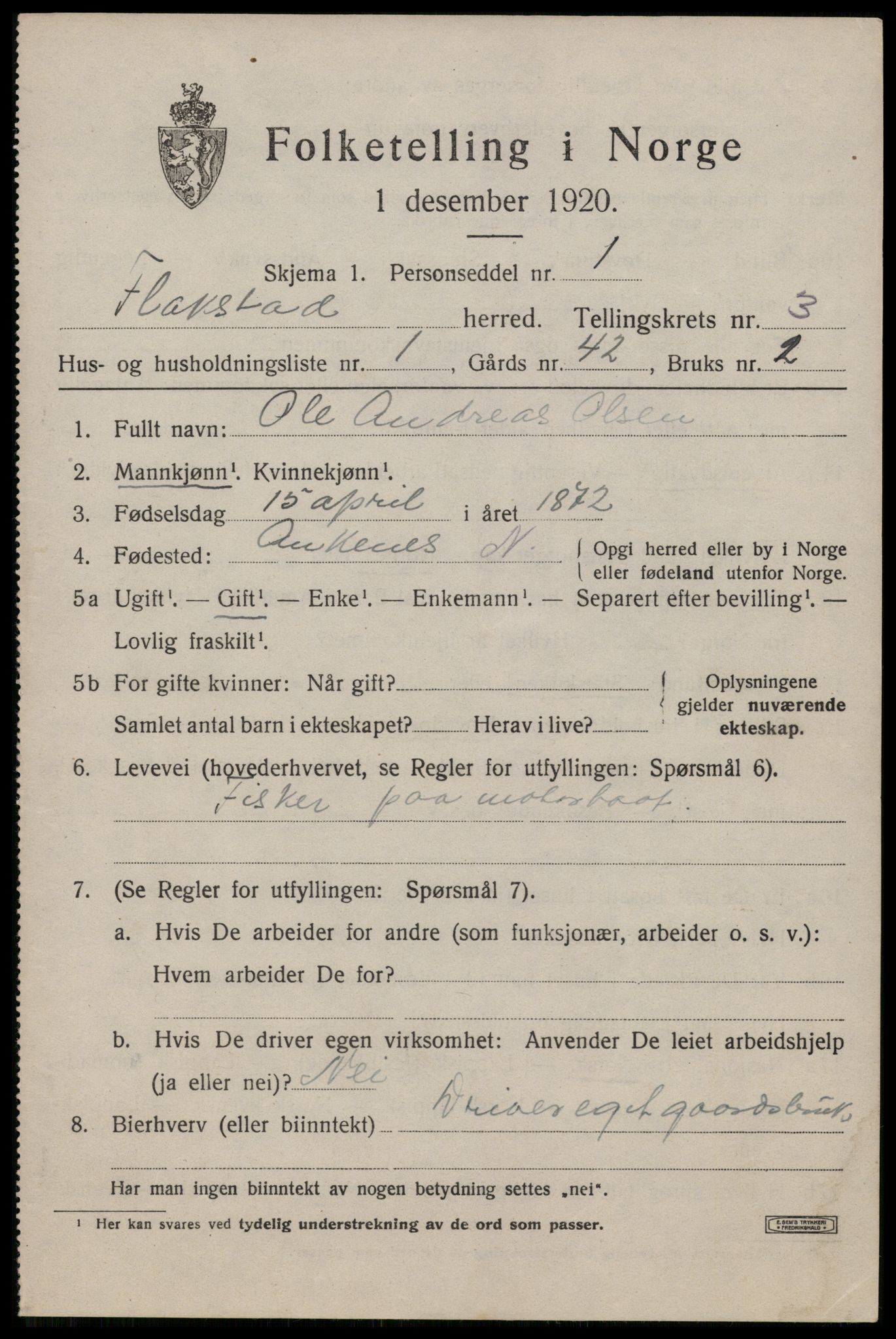 SAT, 1920 census for Flakstad, 1920, p. 2143