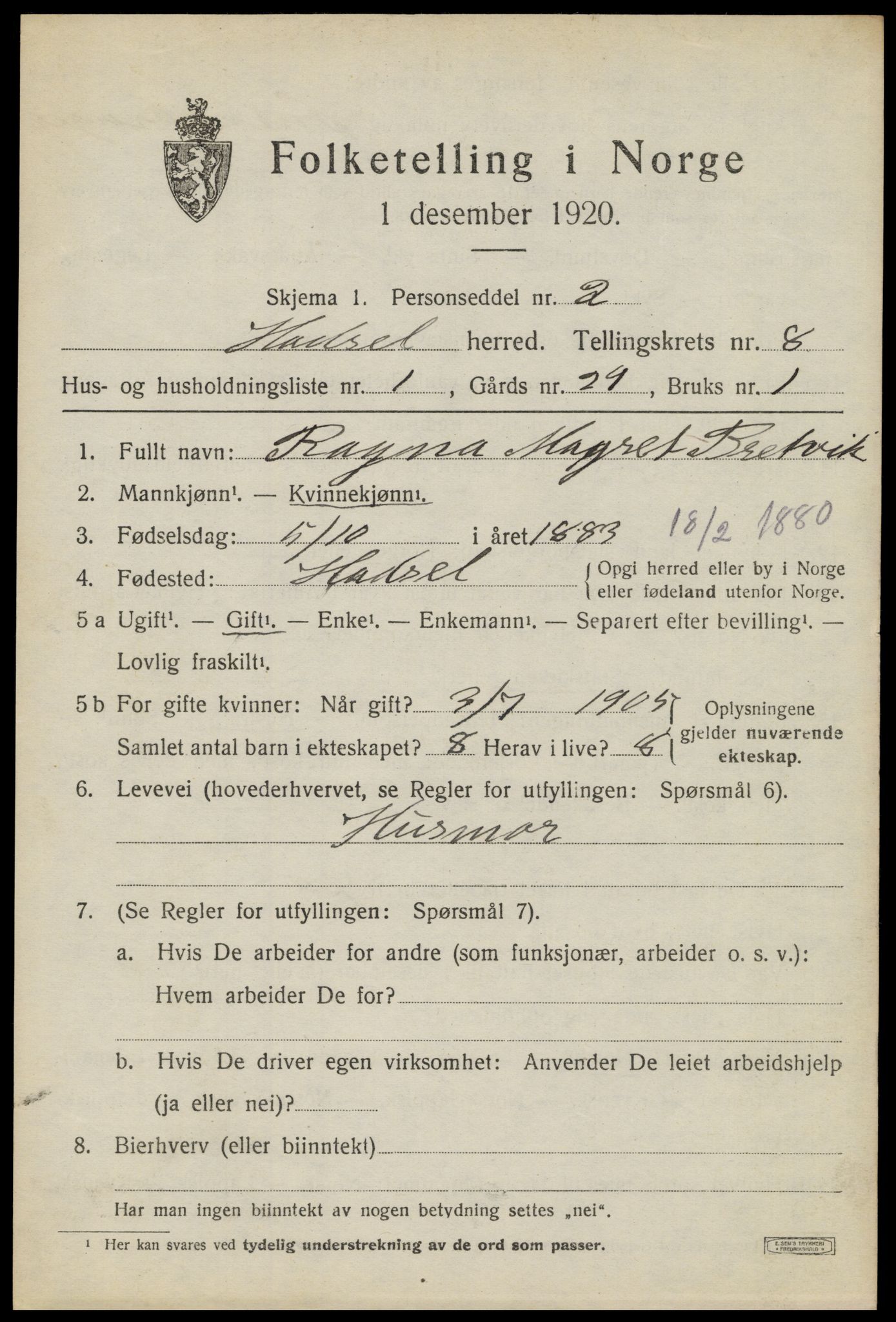 SAT, 1920 census for Hadsel, 1920, p. 7396