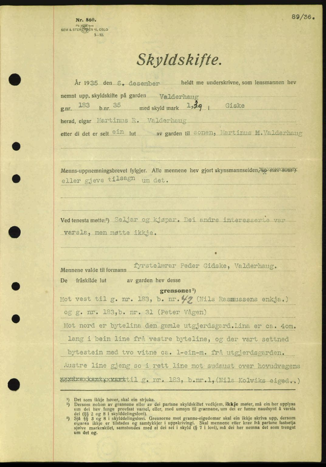 Nordre Sunnmøre sorenskriveri, AV/SAT-A-0006/1/2/2C/2Ca: Mortgage book no. A1, 1936-1936, Diary no: : 89/1936